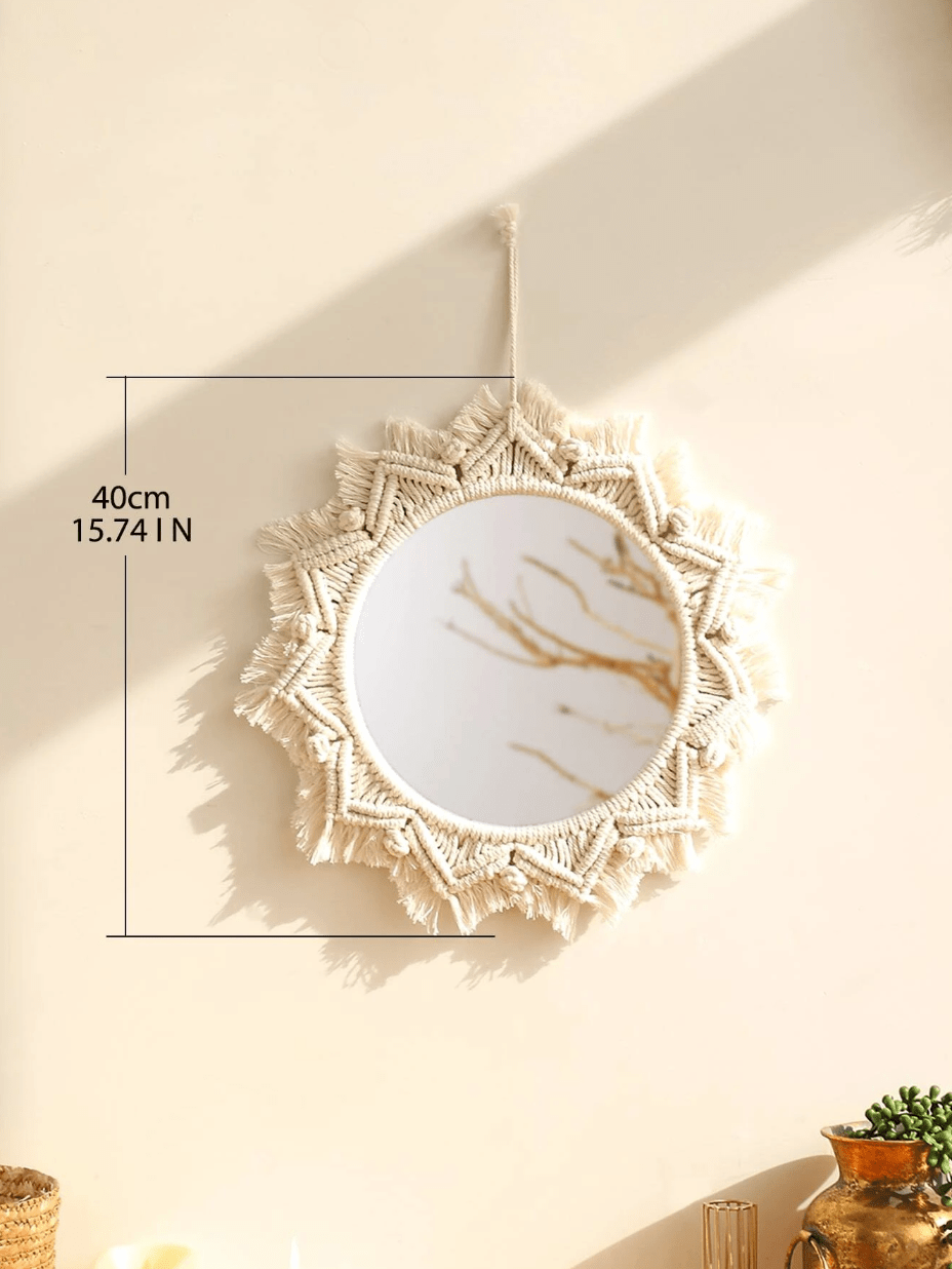 Hanging Wall Mirror with Macrame Fringe - Bohemian Round Antique Mirror Frame Art for Living Room, Bedroom, Nursery, and More - Handmade Decor