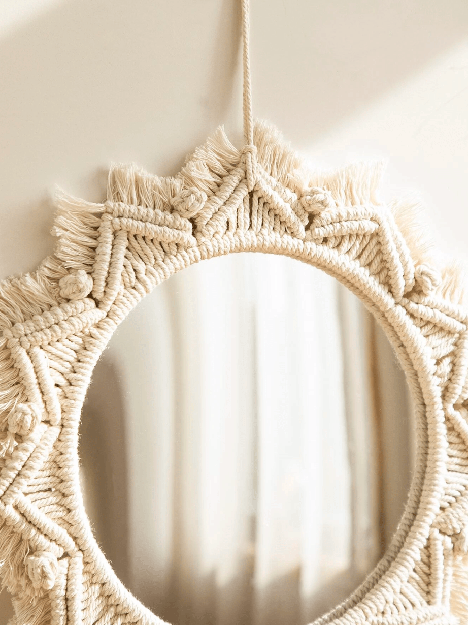 Hanging Wall Mirror with Macrame Fringe - Bohemian Round Antique Mirror Frame Art for Living Room, Bedroom, Nursery, and More - Handmade Decor
