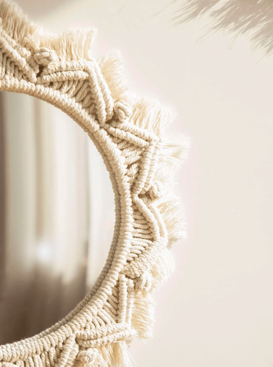 Hanging Wall Mirror with Macrame Fringe - Bohemian Round Antique Mirror Frame Art for Living Room, Bedroom, Nursery, and More - Handmade Decor