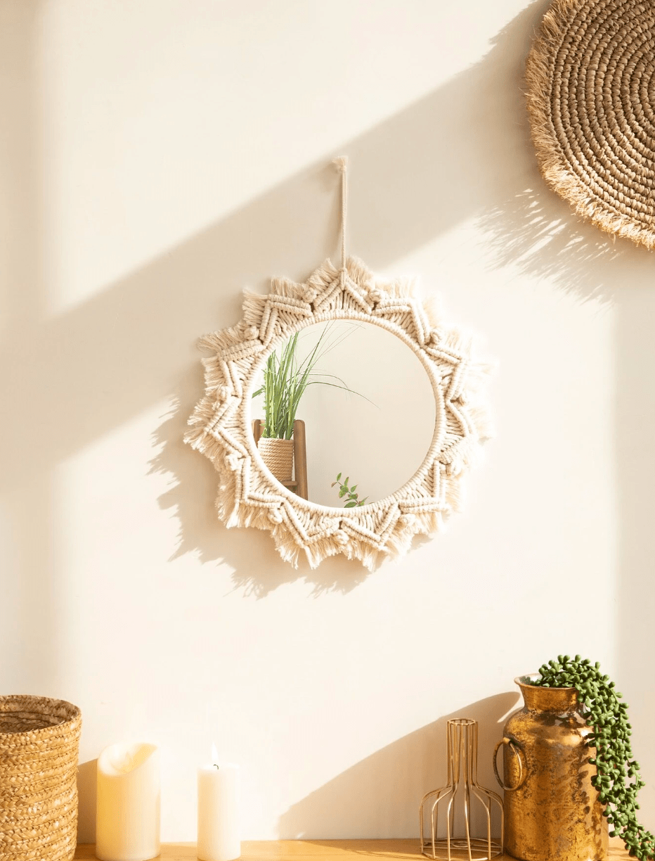 Hanging Wall Mirror with Macrame Fringe - Bohemian Round Antique Mirror Frame Art for Living Room, Bedroom, Nursery, and More - Handmade Decor