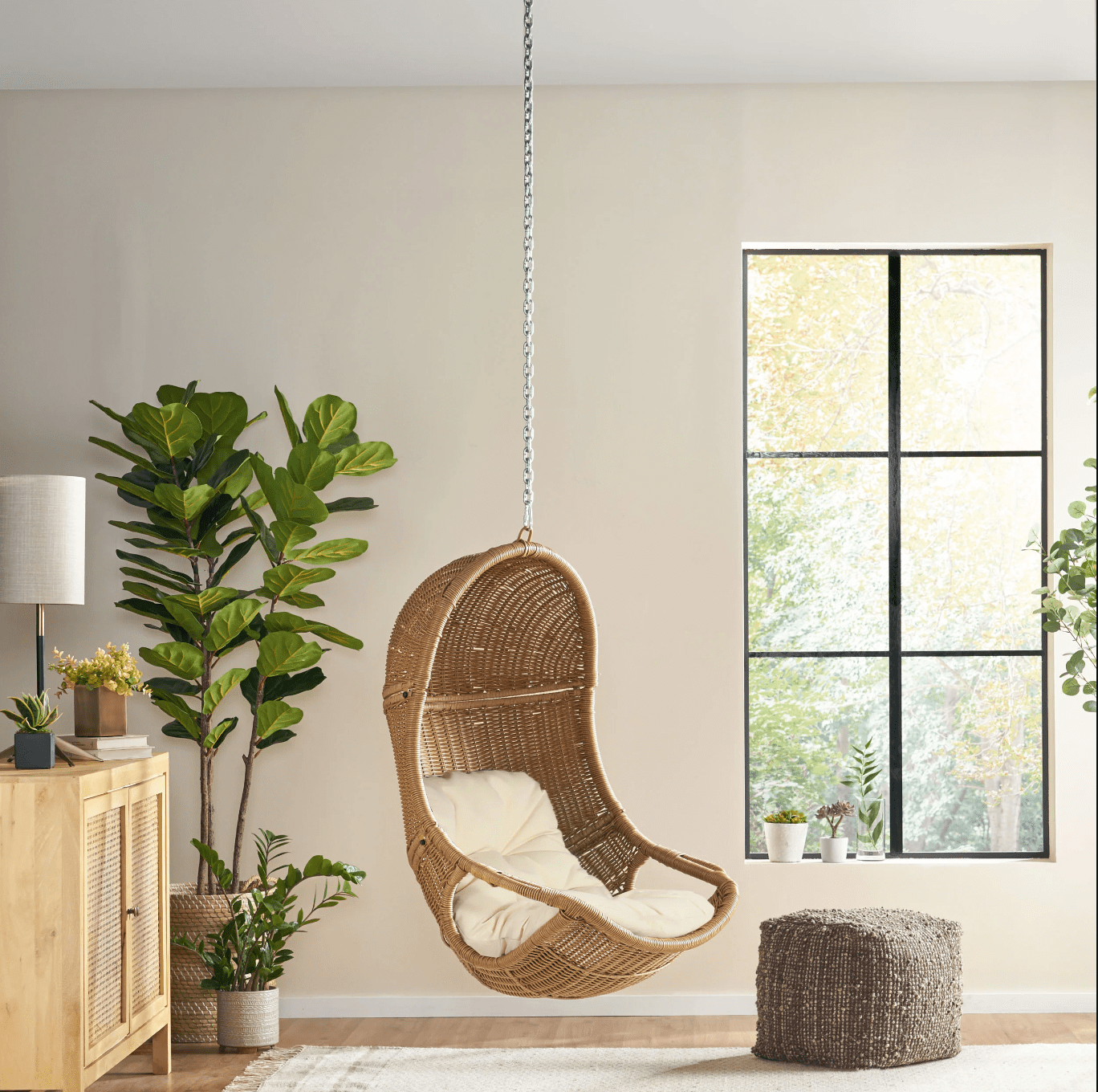 Indoor and Outdoor Wicker Hanging Chair - Premium Comfort, No Stand Required, Water-Resistant Cushions, Durable Polyethylene Rattan - Perfect for Lounge and Patio