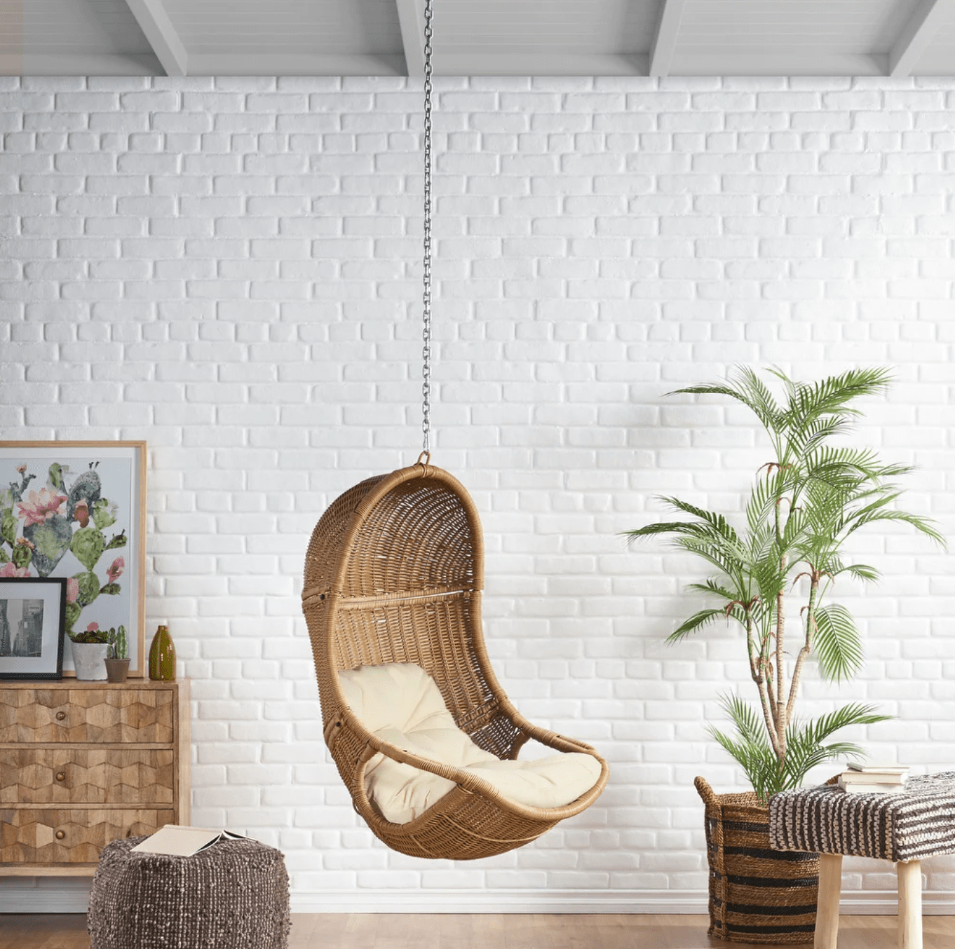 Indoor and Outdoor Wicker Hanging Chair - Premium Comfort, No Stand Required, Water-Resistant Cushions, Durable Polyethylene Rattan - Perfect for Lounge and Patio Beige