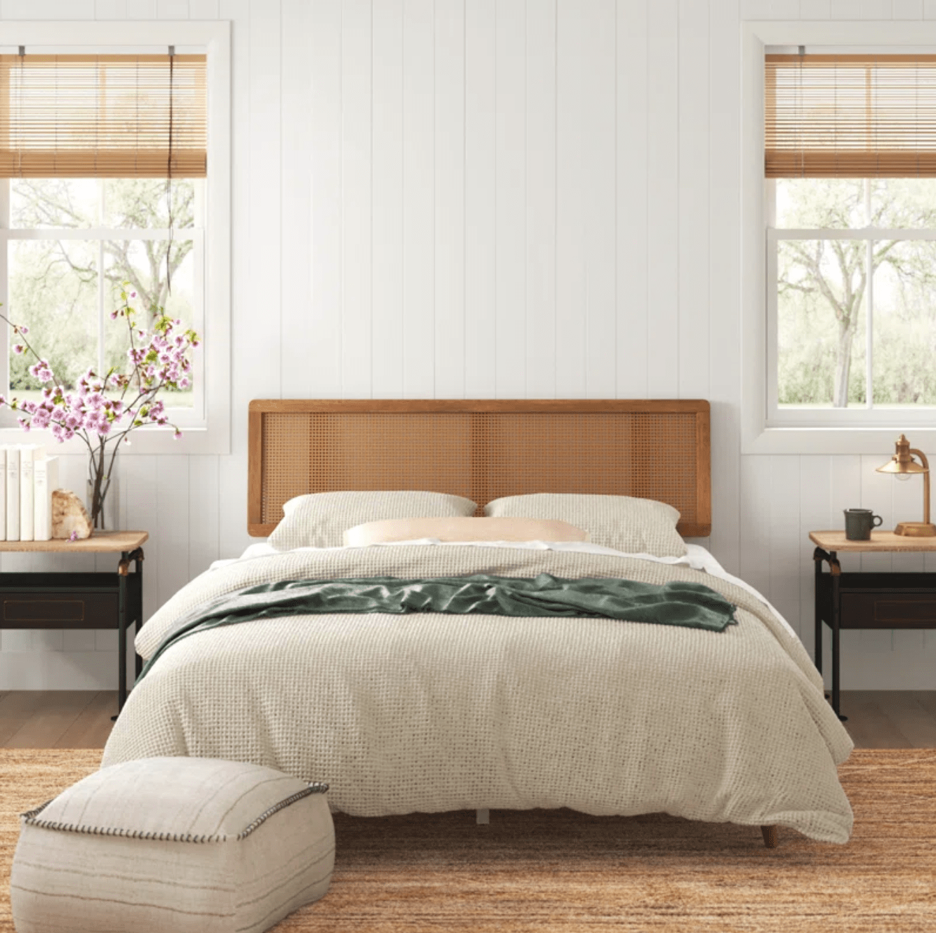 King Size Walnut Brown Bed Frame with Woven Headboard - No Box Spring Needed King