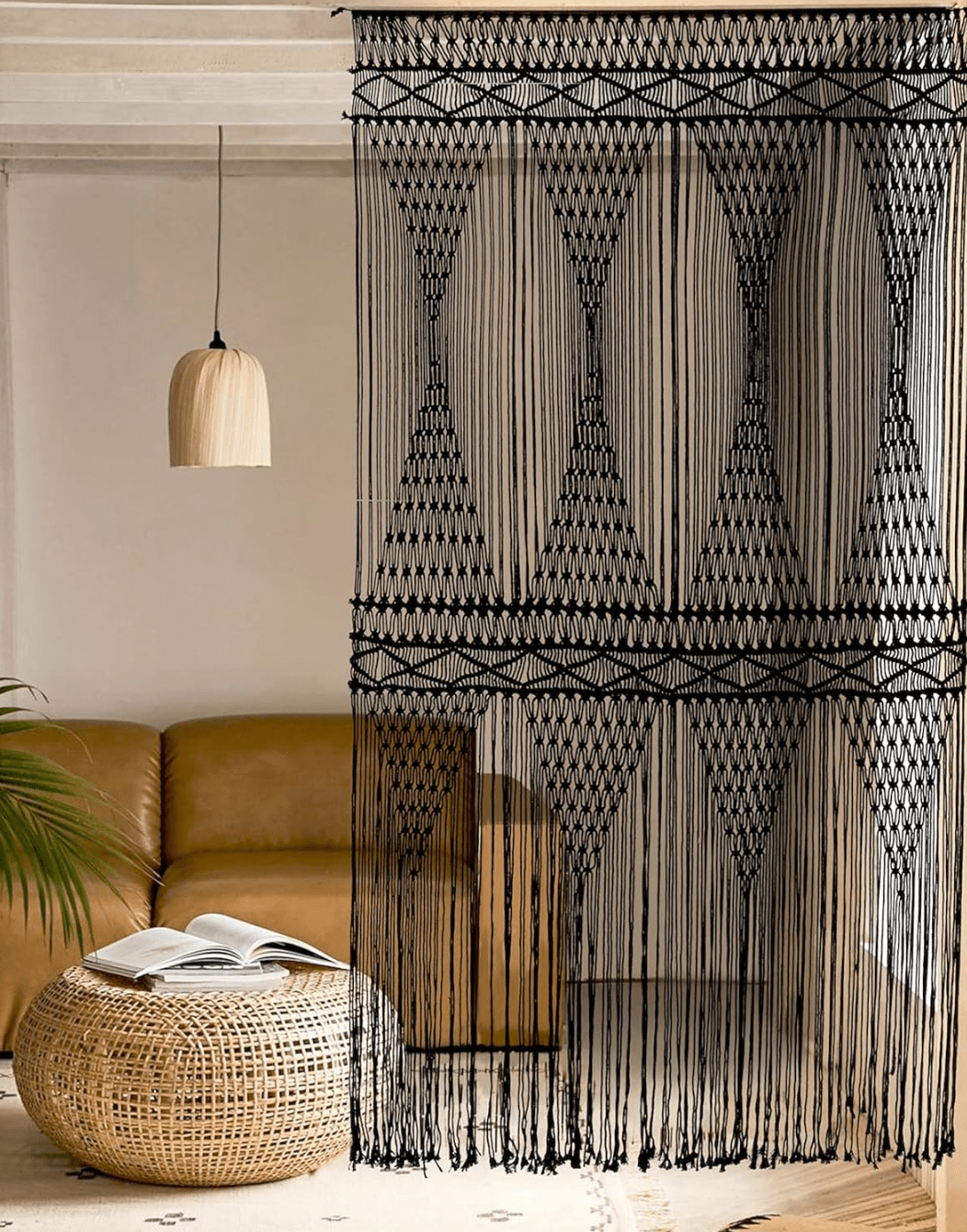 Large Black Macrame Curtain - Statement Window Wall Hanging - 50"Wx75"H - Boho Wall Art - Handwoven Cotton