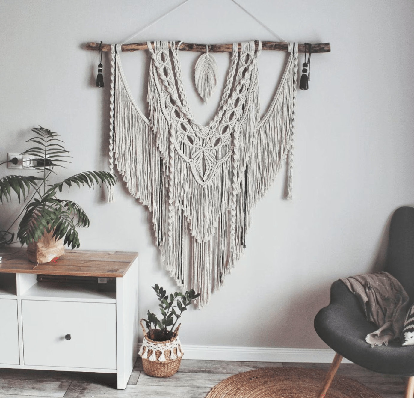 Large Handmade Macrame Wall Decor with Feathers - Boho Bohemian Interior Style - Premium Quality Eco Cotton - 49.2" x 55.5