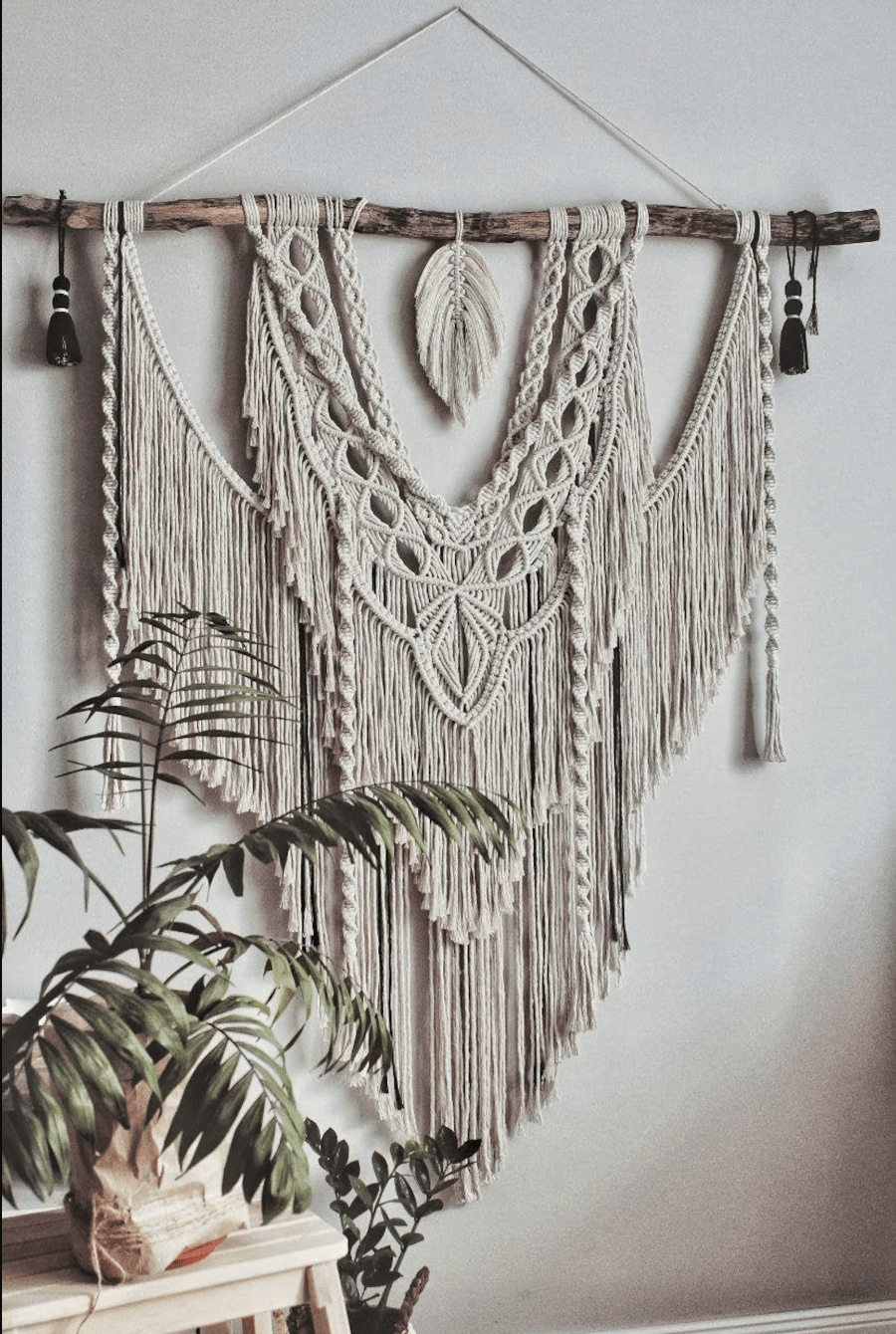 Large Handmade Macrame Wall Decor with Feathers - Boho Bohemian Interior Style - Premium Quality Eco Cotton - 49.2" x 55.5