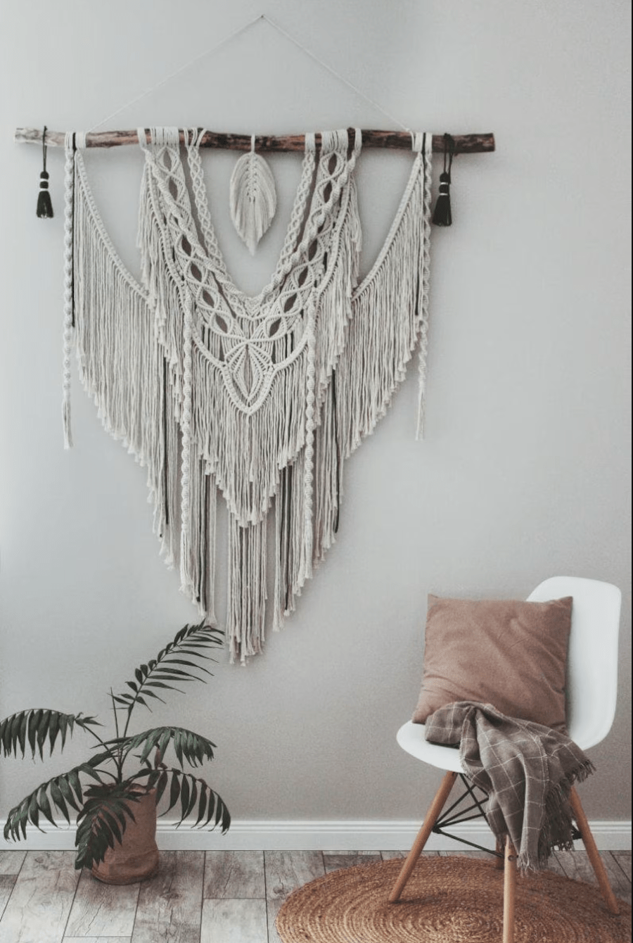 Large Handmade Macrame Wall Decor with Feathers - Boho Bohemian Interior Style - Premium Quality Eco Cotton - 49.2" x 55.5