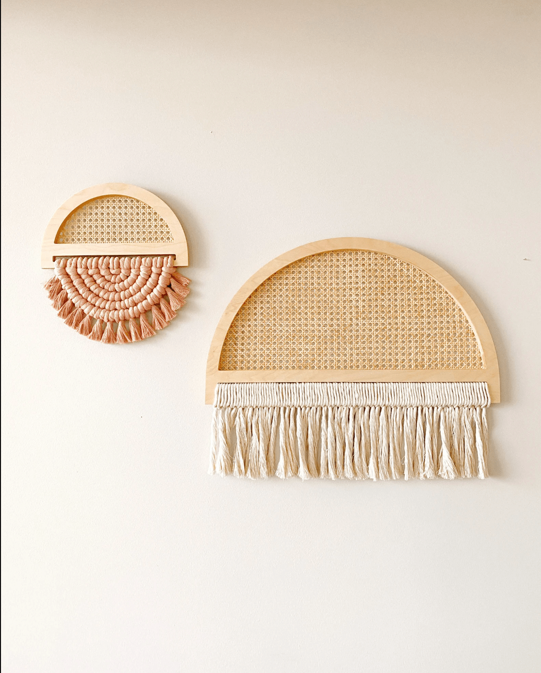 Large Macrame Arc Wall Hanging - Handcrafted Wood and Cane Decor - 24x20 inches - White/Natural