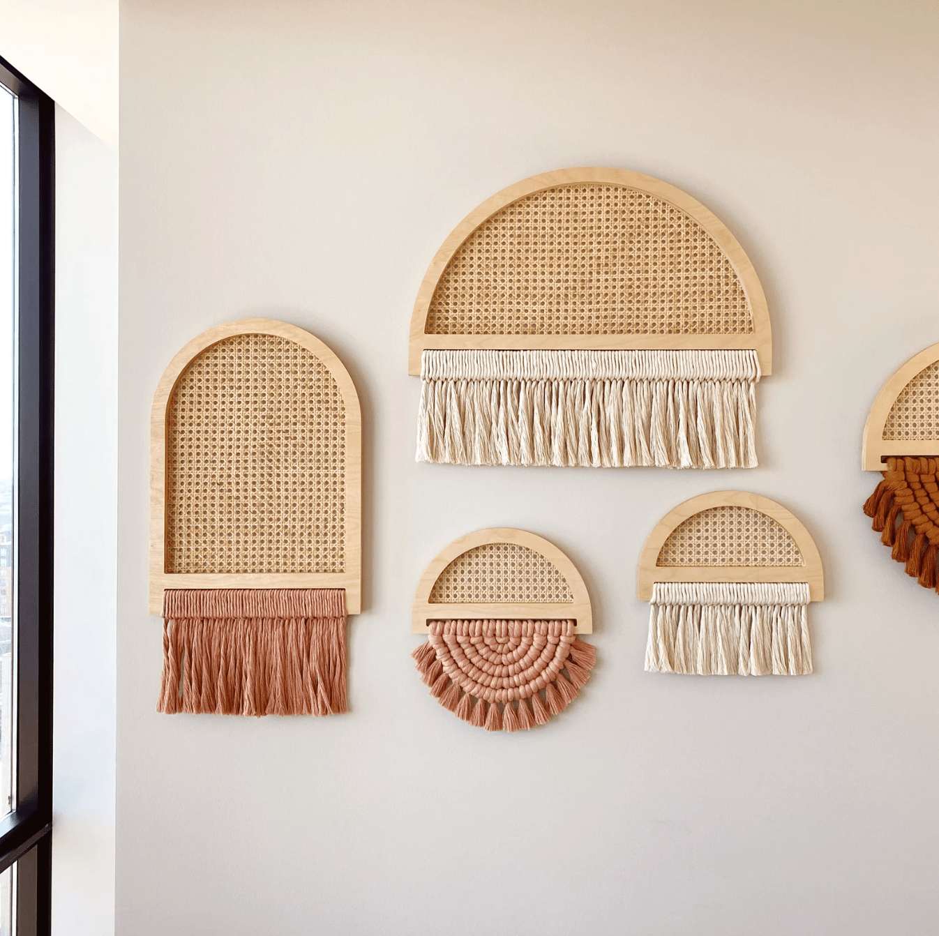 Large Macrame Arc Wall Hanging - Handcrafted Wood and Cane Decor - 24x20 inches - White/Natural