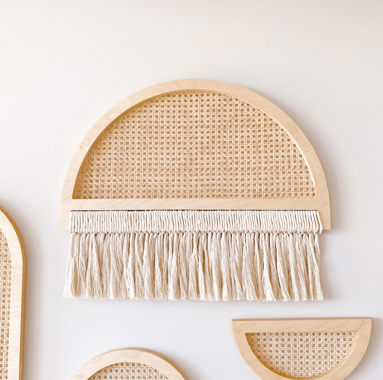 Large Macrame Arc Wall Hanging - Handcrafted Wood and Cane Decor - 24x20 inches - White/Natural