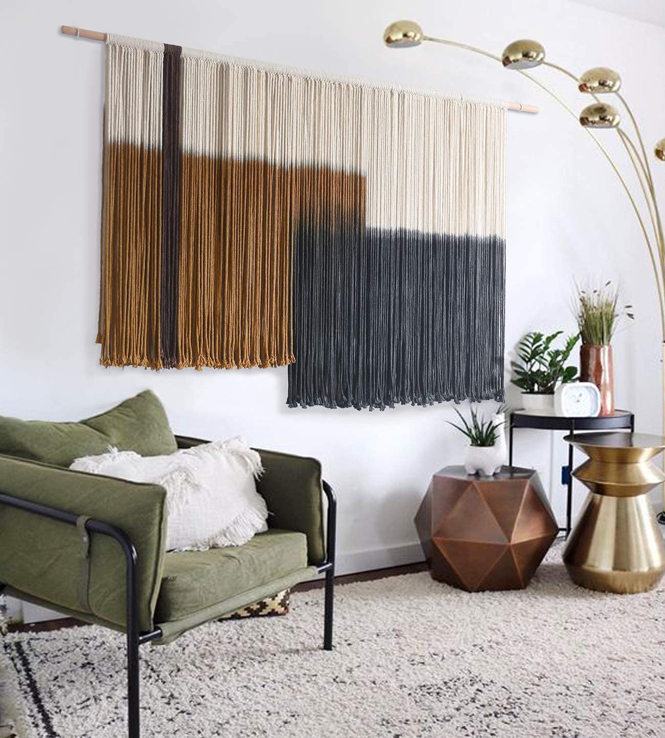 Large Macrame Wall Hanging – Dip Dye Tapestry, Boho Fiber Art, 59" W x 35" L, Brown and Black