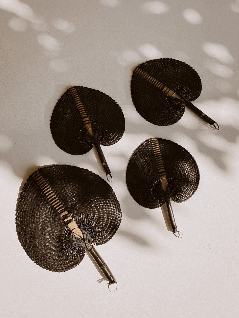 Large Woven Fan in Black Ombre | Handwoven Rontal Leaf Fan | Decorative Wall Art or Poolside Accessory