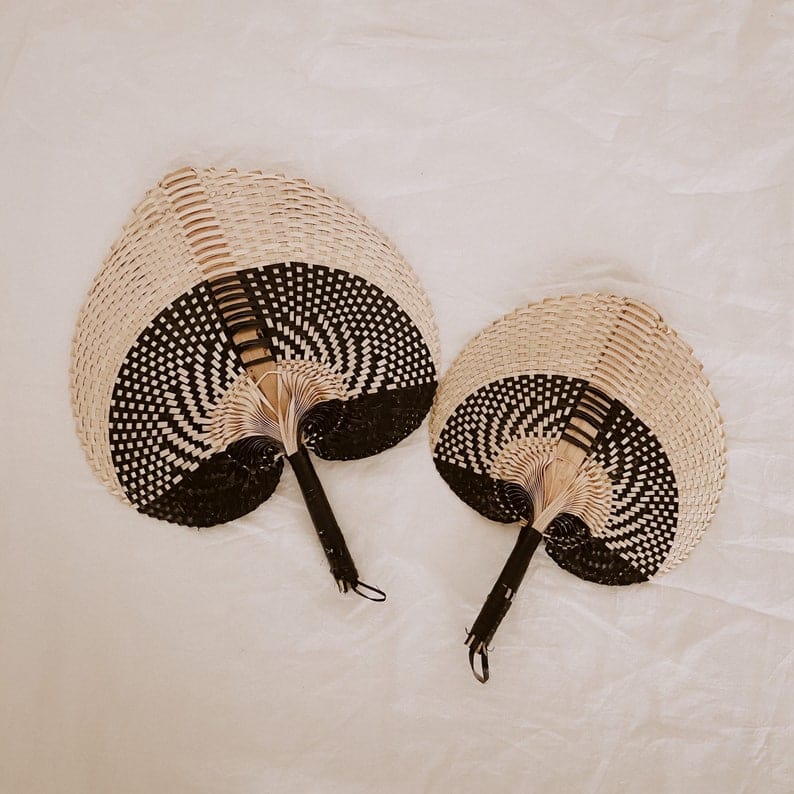 Large Woven Fan in Black Ombre | Handwoven Rontal Leaf Fan | Decorative Wall Art or Poolside Accessory Black Ombre