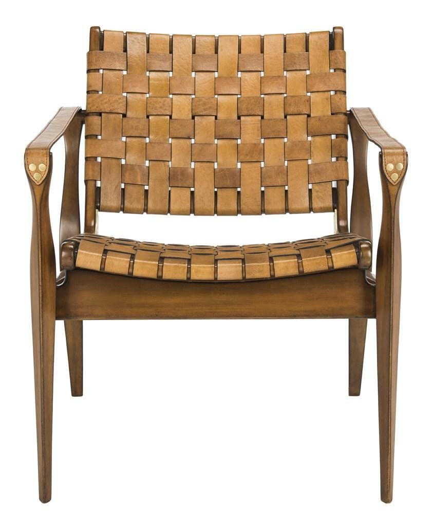 Light Brown Leather and Mahogany Boho Accent Chair with Woven Details