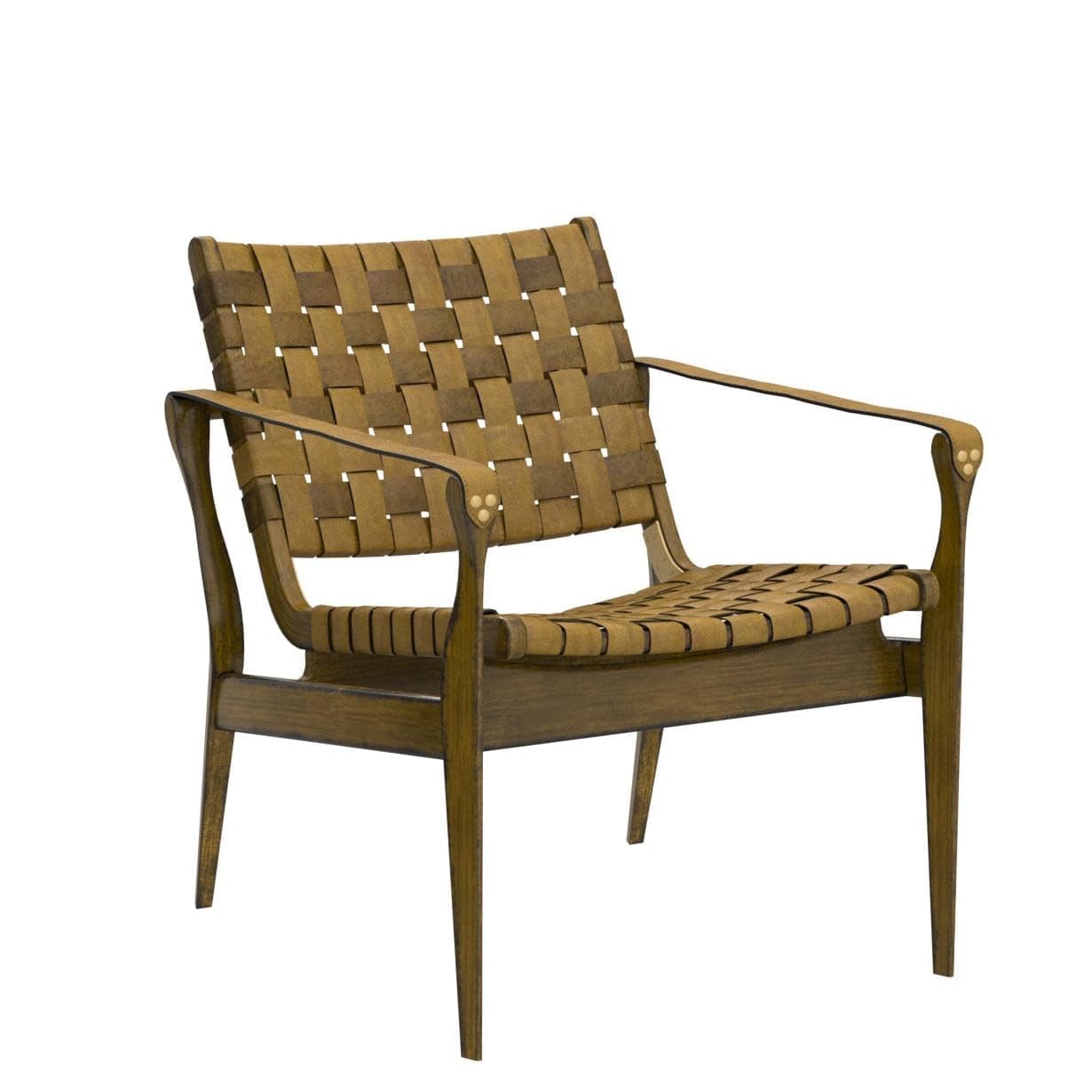 Light Brown Leather and Mahogany Boho Accent Chair with Woven Details