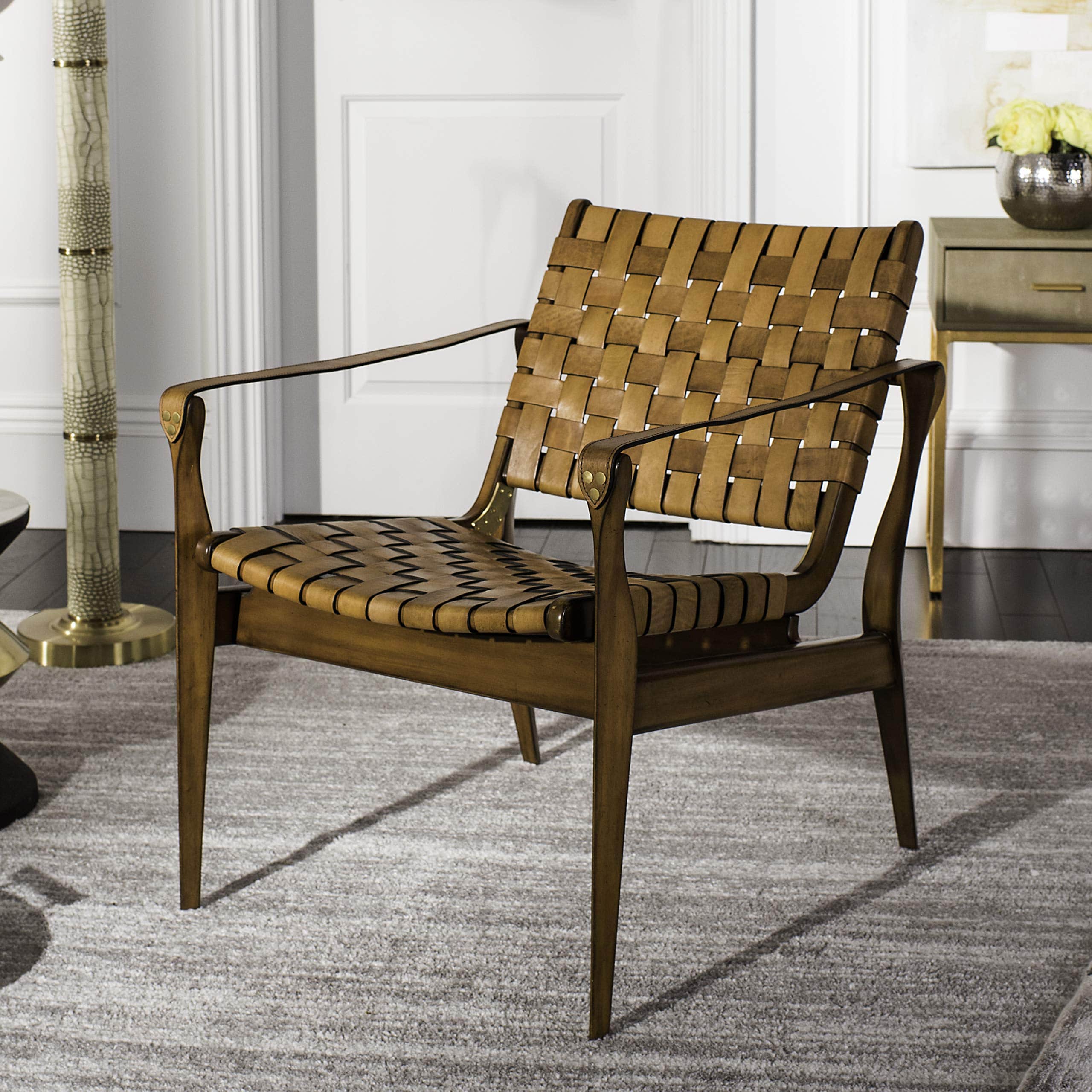 Light Brown Leather and Mahogany Boho Accent Chair with Woven Details