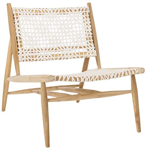 Light Oak Teak Wood and White Leather Weave Accent Chair – Fully Assembled