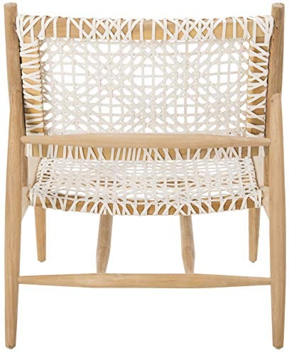 Light Oak Teak Wood and White Leather Weave Accent Chair – Fully Assembled