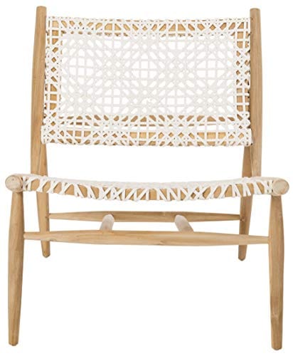 Light Oak Teak Wood and White Leather Weave Accent Chair – Fully Assembled