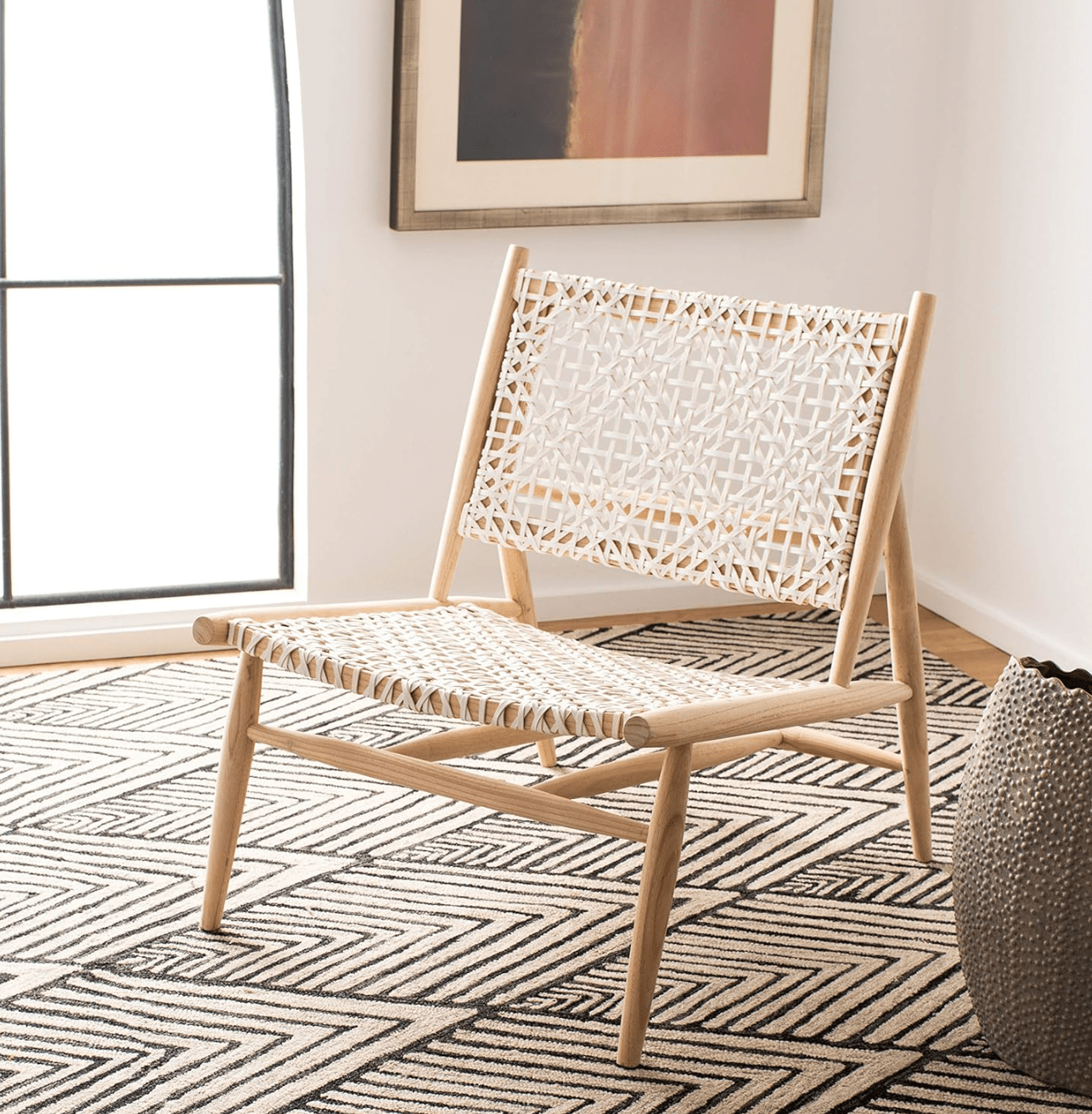 Light Oak Teak Wood and White Leather Weave Accent Chair – Fully Assembled