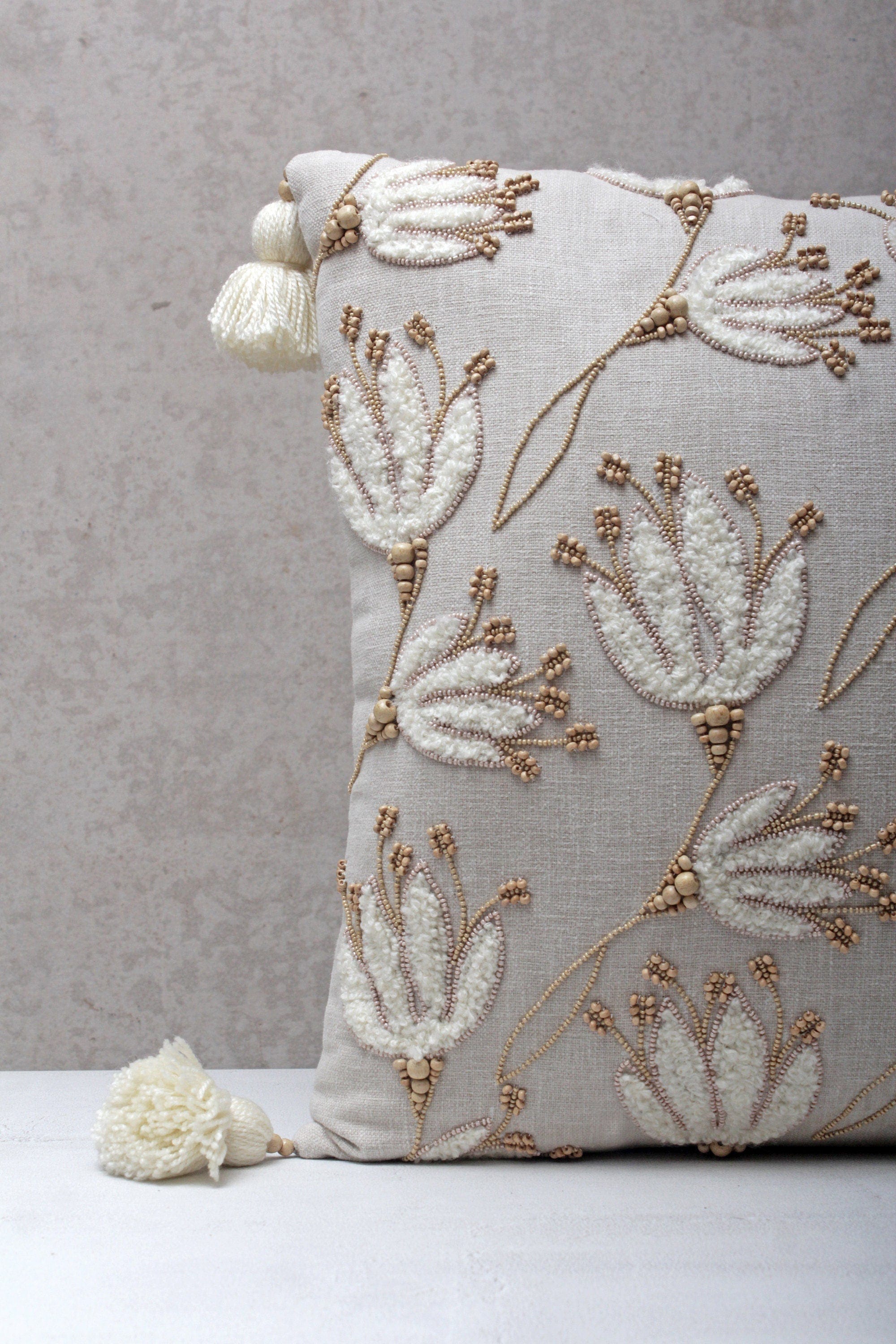 Linen Color Bohemian Embroidered Cotton Pillow Cover, 18x18 Inch, Handmade Decorative Throw Pillow Cover