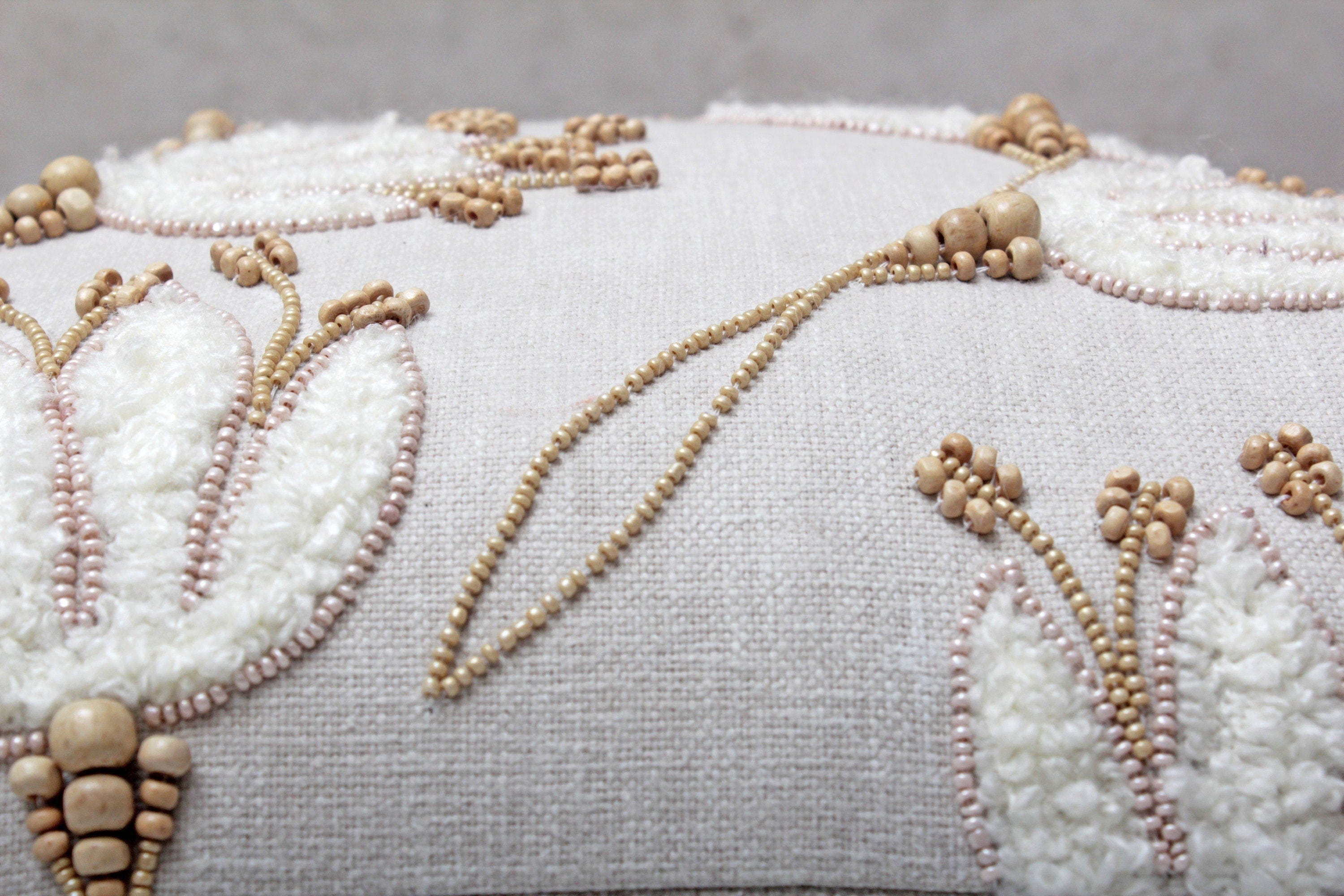 Linen Color Bohemian Embroidered Cotton Pillow Cover, 18x18 Inch, Handmade Decorative Throw Pillow Cover