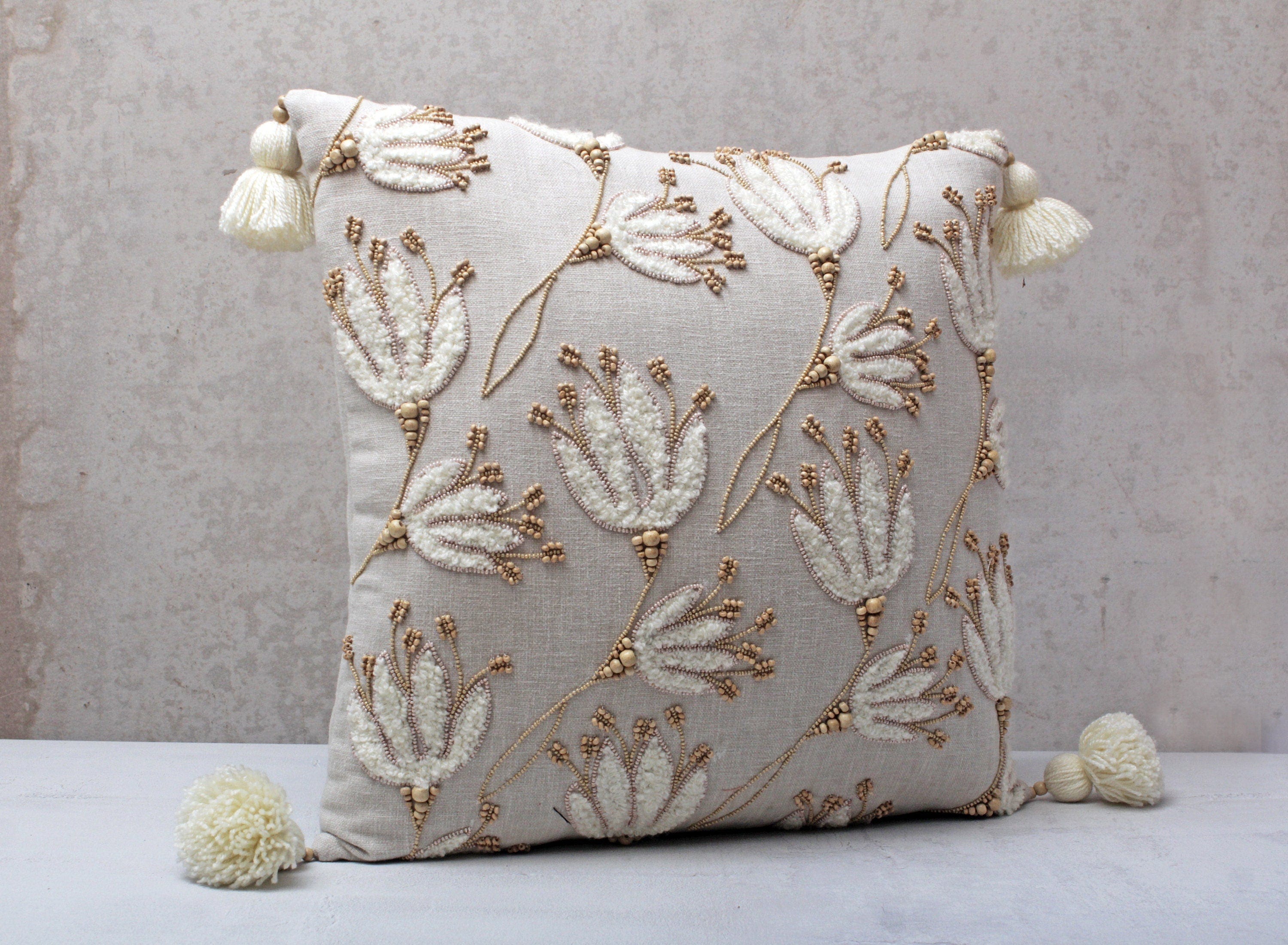 Linen Color Bohemian Embroidered Cotton Pillow Cover, 18x18 Inch, Handmade Decorative Throw Pillow Cover