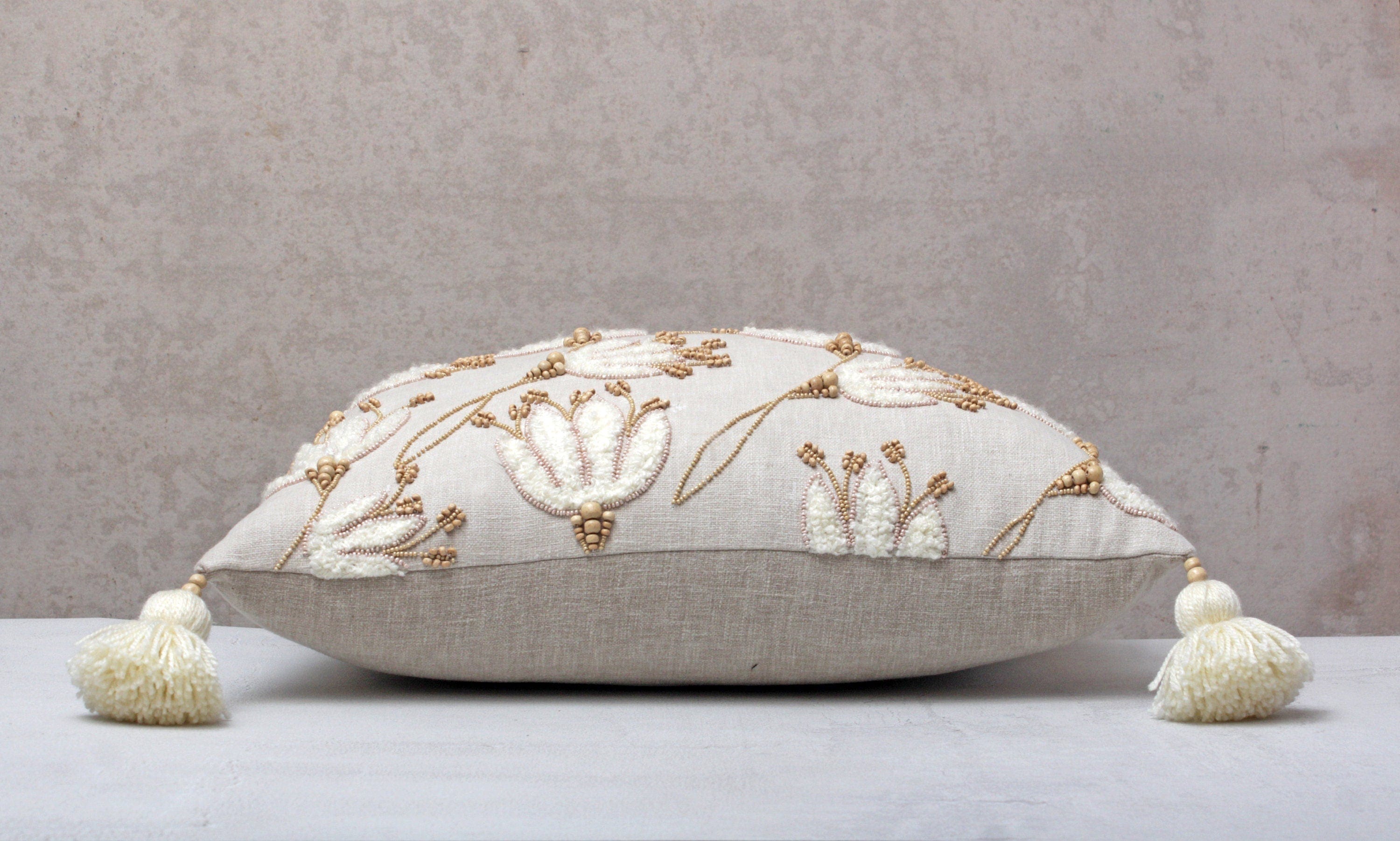 Linen Color Bohemian Embroidered Cotton Pillow Cover, 18x18 Inch, Handmade Decorative Throw Pillow Cover