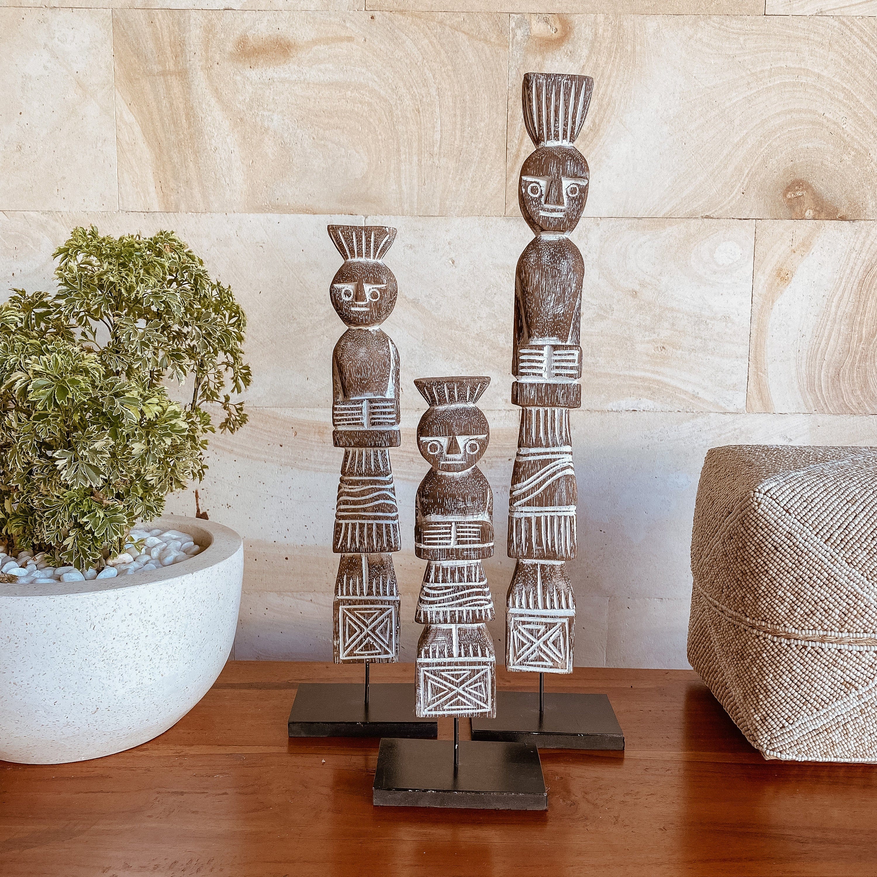 Little Man Statue Set of 3 - Blackwash Wooden Sculptures, Modern Decorative Accents for Home, Office, and Garden