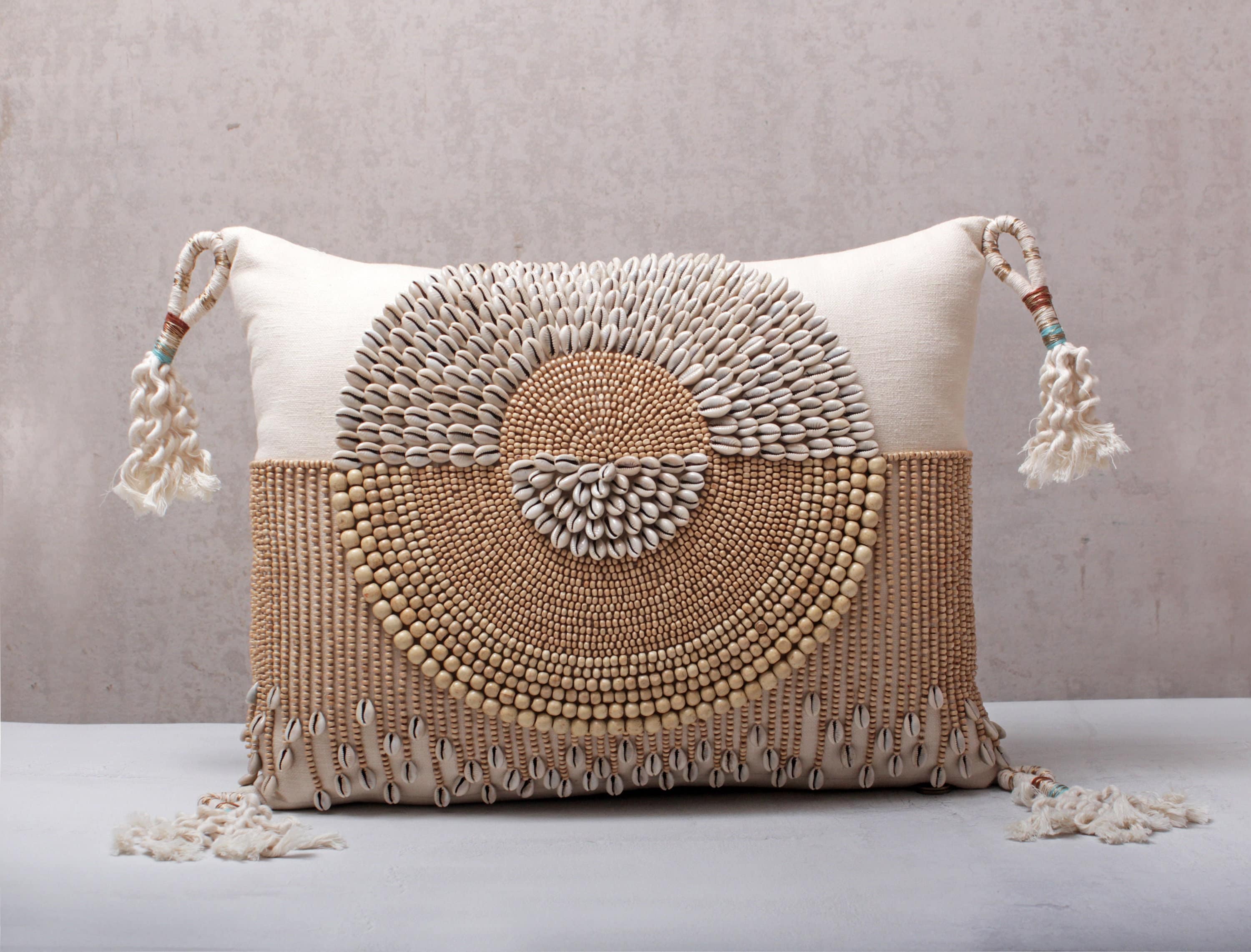 Luxurious Bohemian Cotton Embroidered Pillow Cover with Wooden Beads, Kaudi Shells, and Tassels, 14x21 Inch, Cream