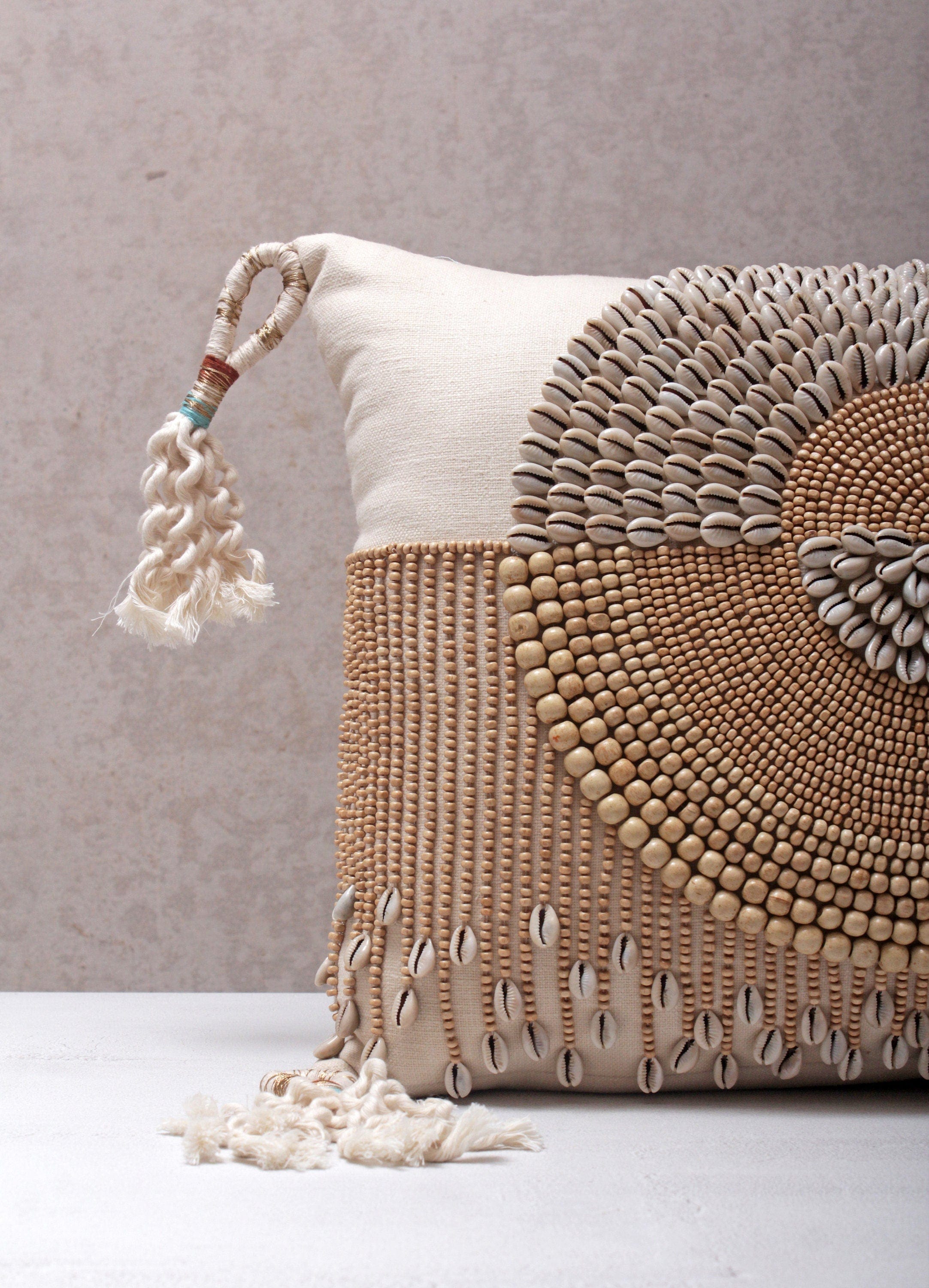 Luxurious Bohemian Cotton Embroidered Pillow Cover with Wooden Beads, Kaudi Shells, and Tassels, 14x21 Inch, Cream