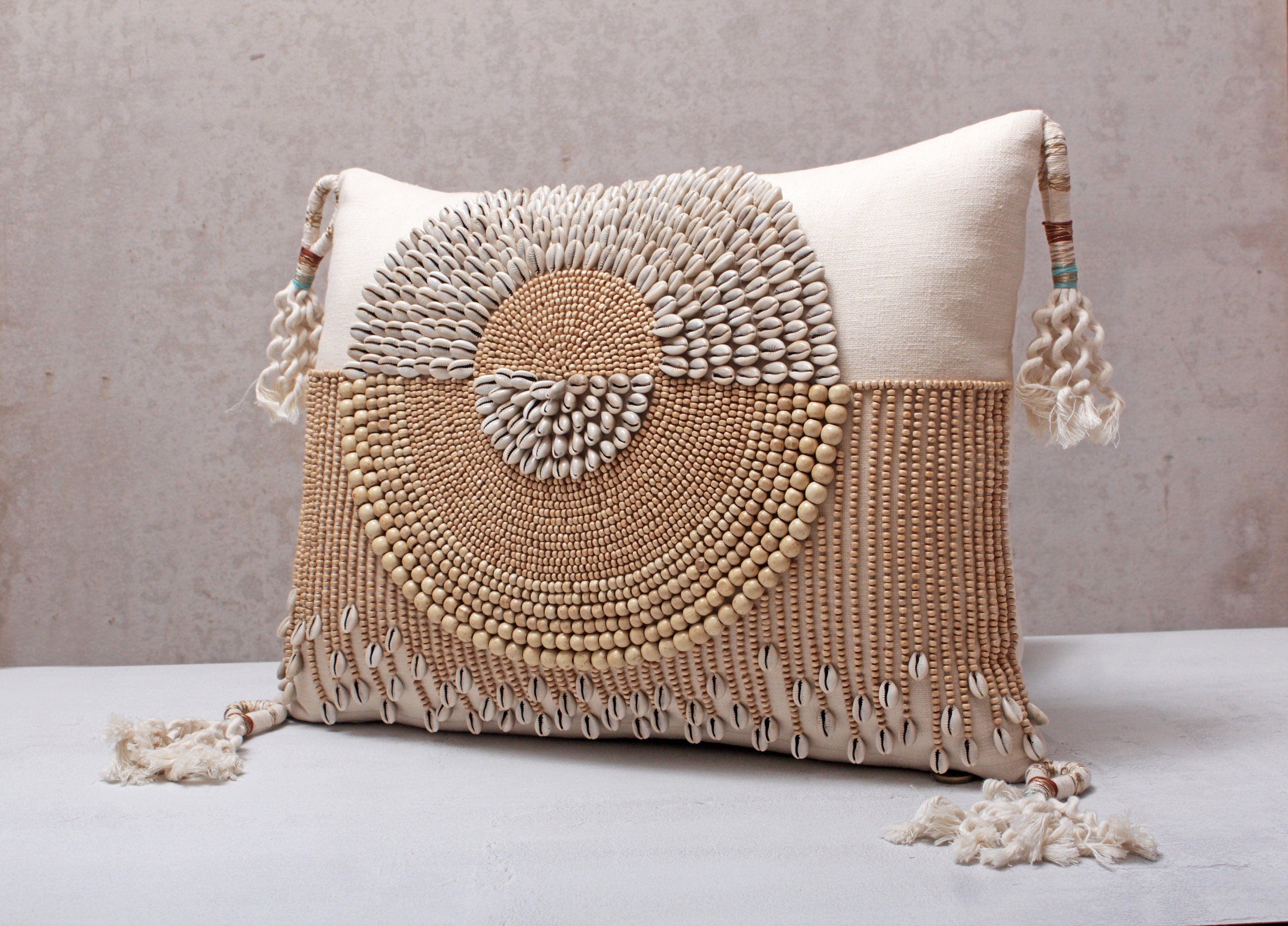 Luxurious Bohemian Cotton Embroidered Pillow Cover with Wooden Beads, Kaudi Shells, and Tassels, 14x21 Inch, Cream