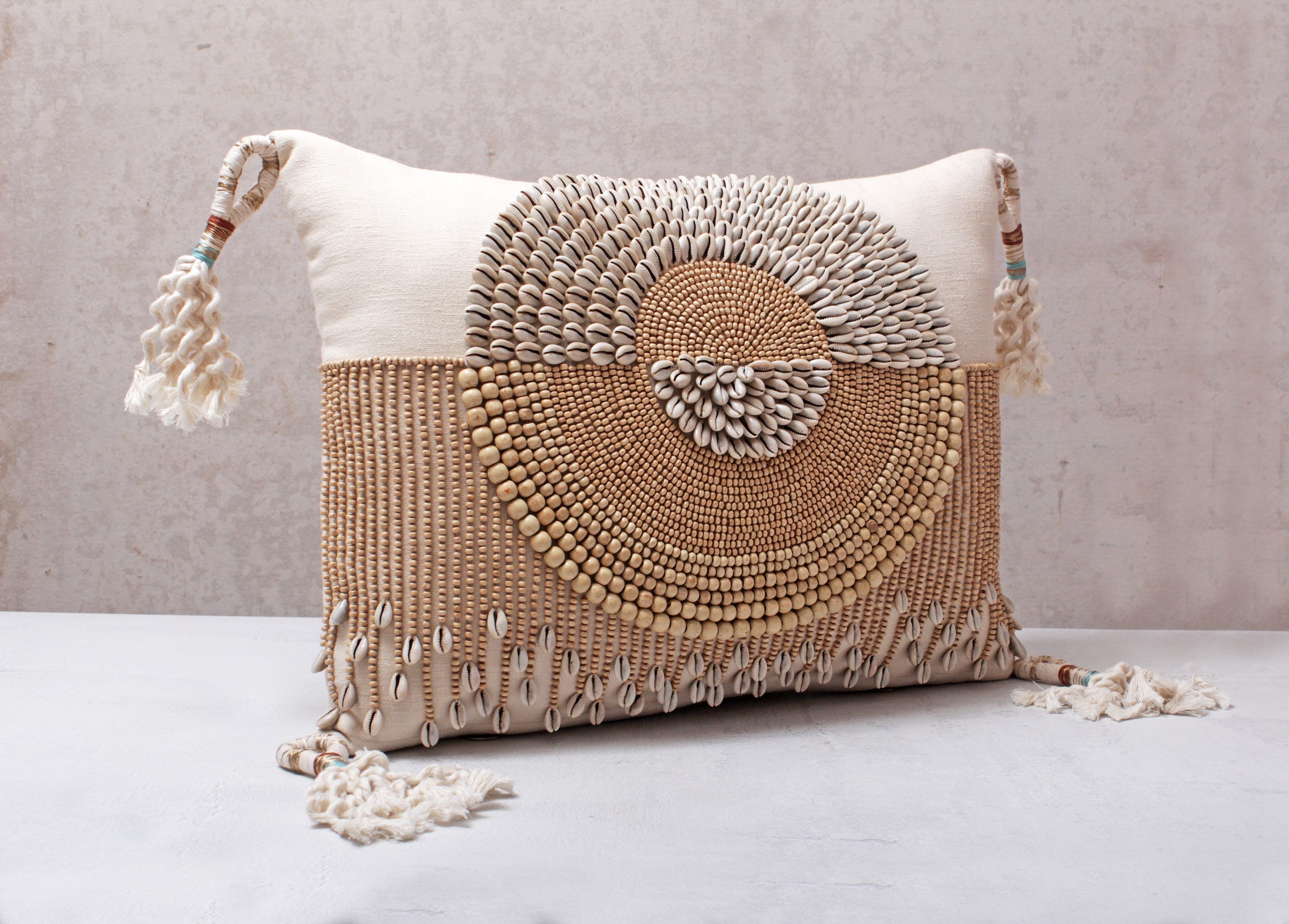 Luxurious Bohemian Cotton Embroidered Pillow Cover with Wooden Beads, Kaudi Shells, and Tassels, 14x21 Inch, Cream