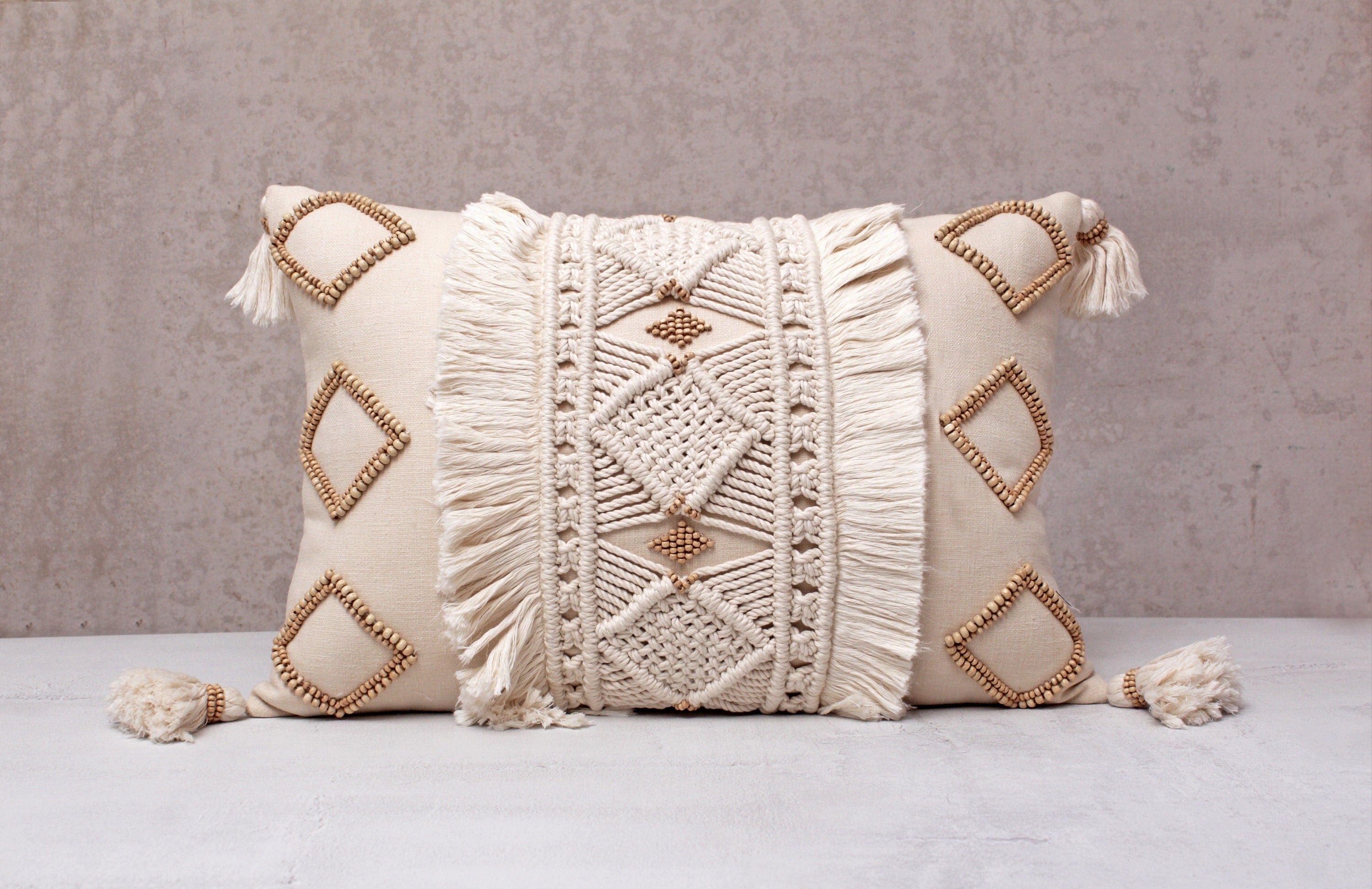 Luxurious Boho Cotton Macrame Pillow Cover with Wooden Beads and Tassels, 12x20 Inch, Off-White