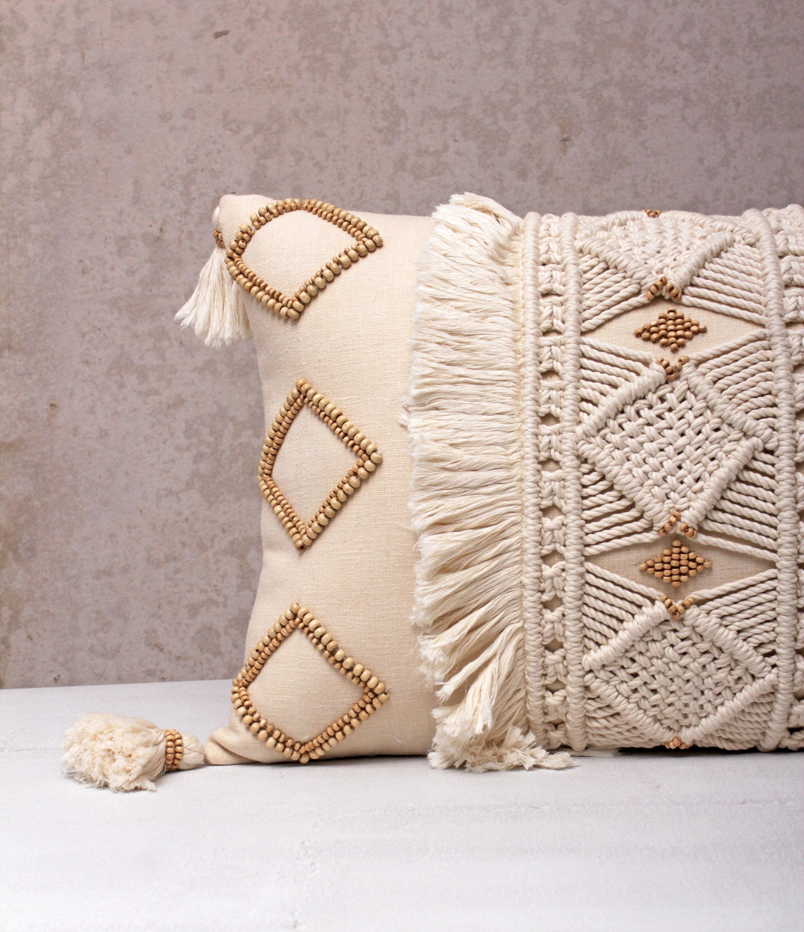 Luxurious Boho Cotton Macrame Pillow Cover with Wooden Beads and Tassels, 12x20 Inch, Off-White