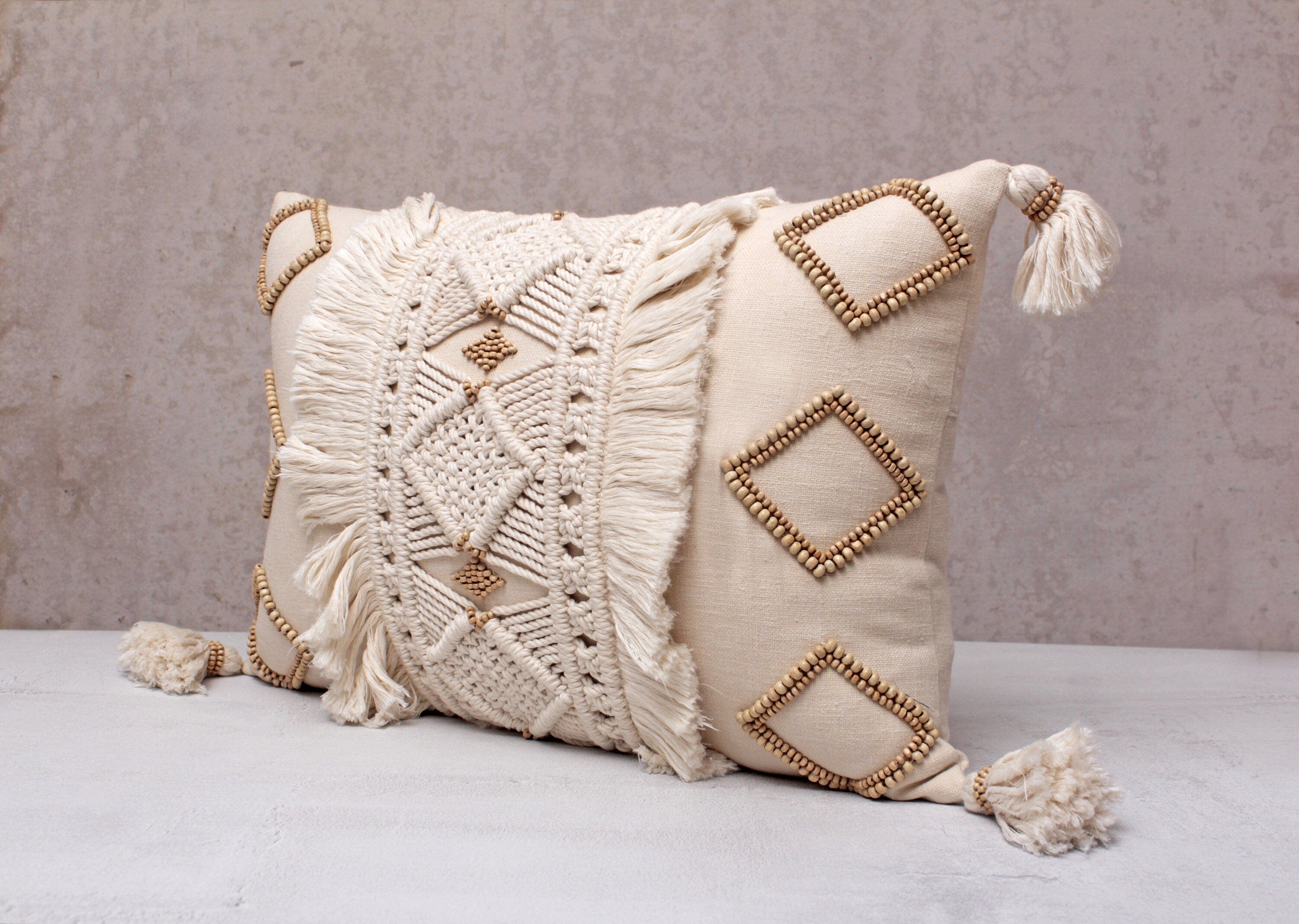 Luxurious Boho Cotton Macrame Pillow Cover with Wooden Beads and Tassels, 12x20 Inch, Off-White