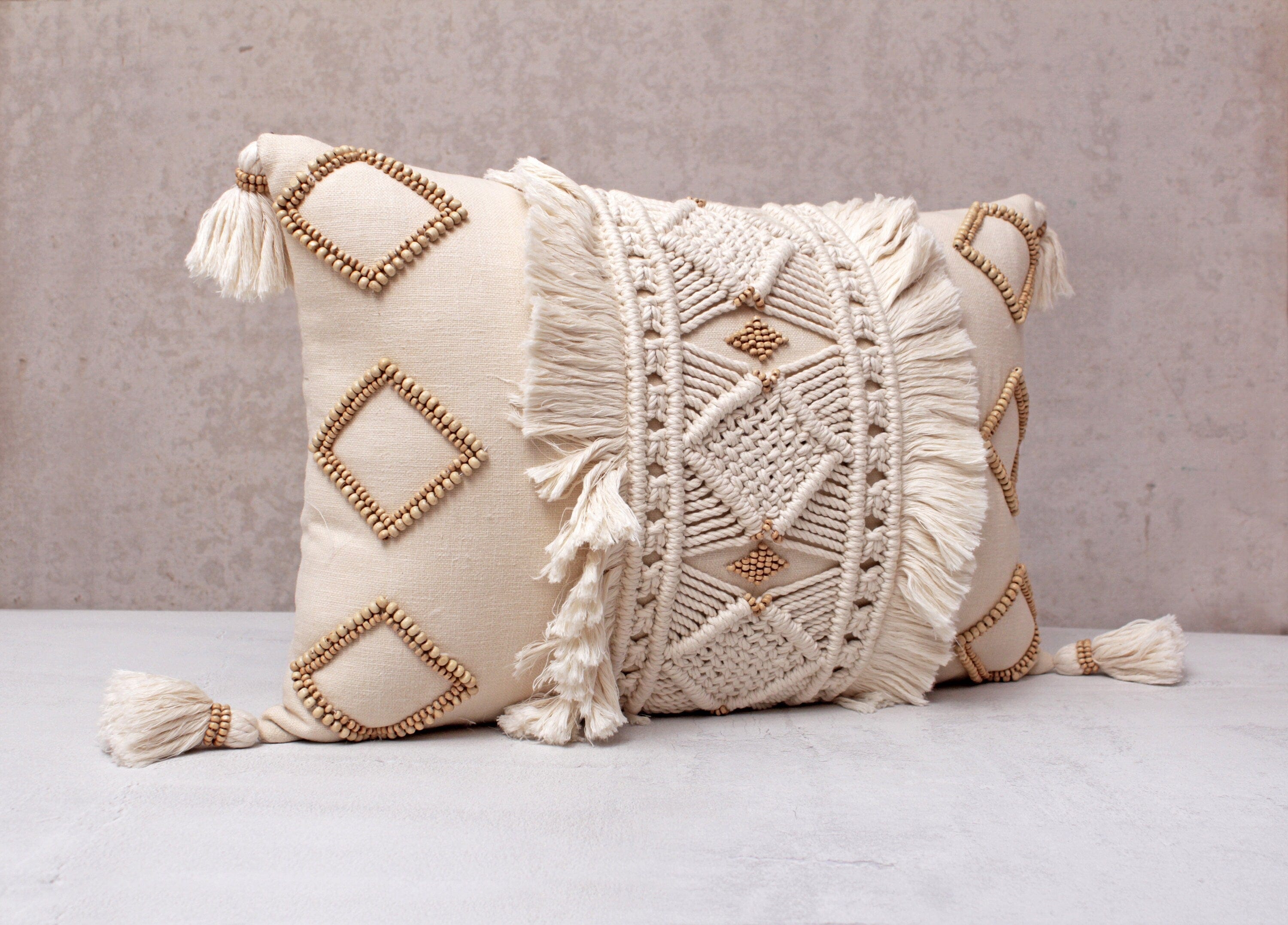 Luxurious Boho Cotton Macrame Pillow Cover with Wooden Beads and Tassels, 12x20 Inch, Off-White