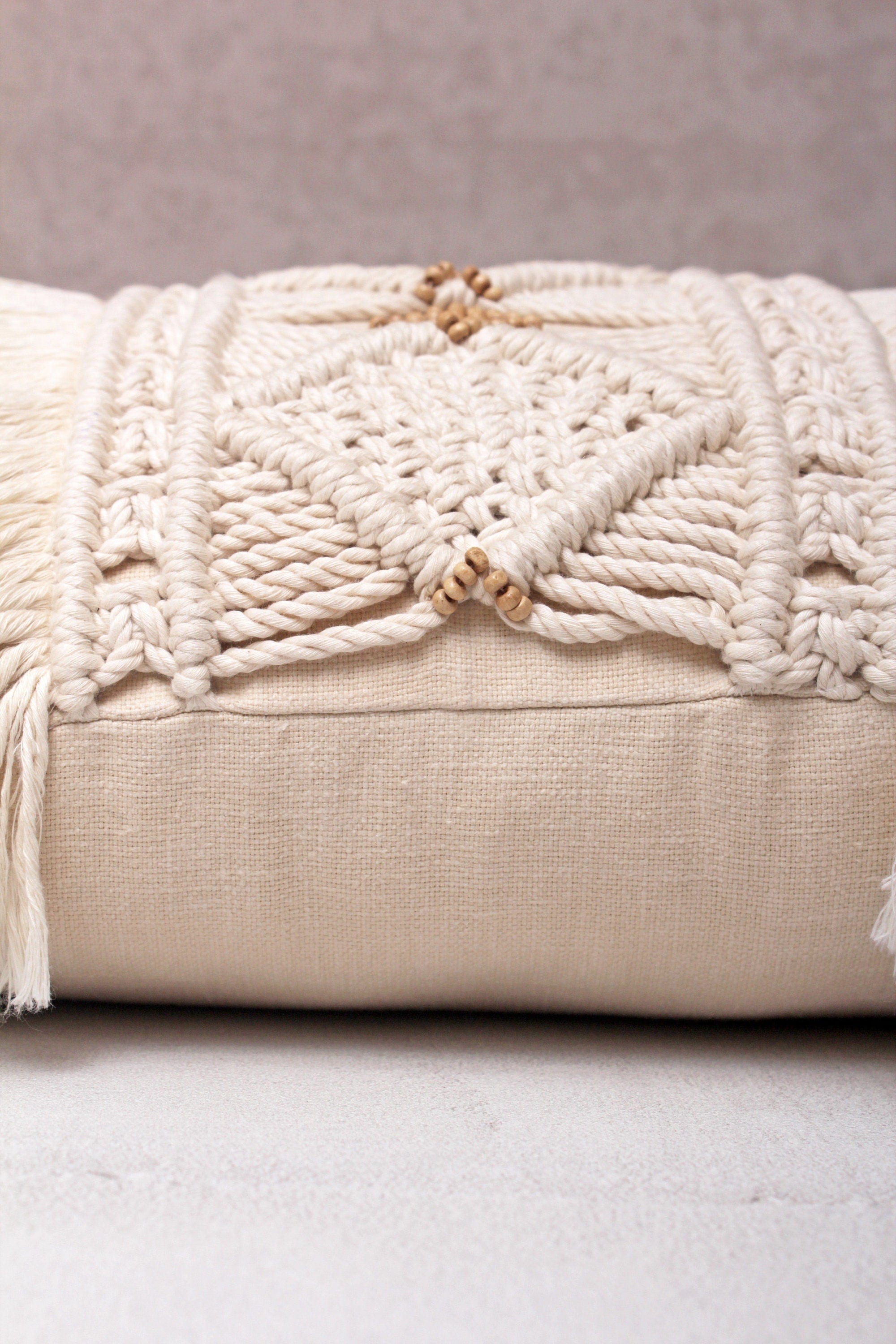 Luxurious Boho Cotton Macrame Pillow Cover with Wooden Beads and Tassels, 12x20 Inch, Off-White