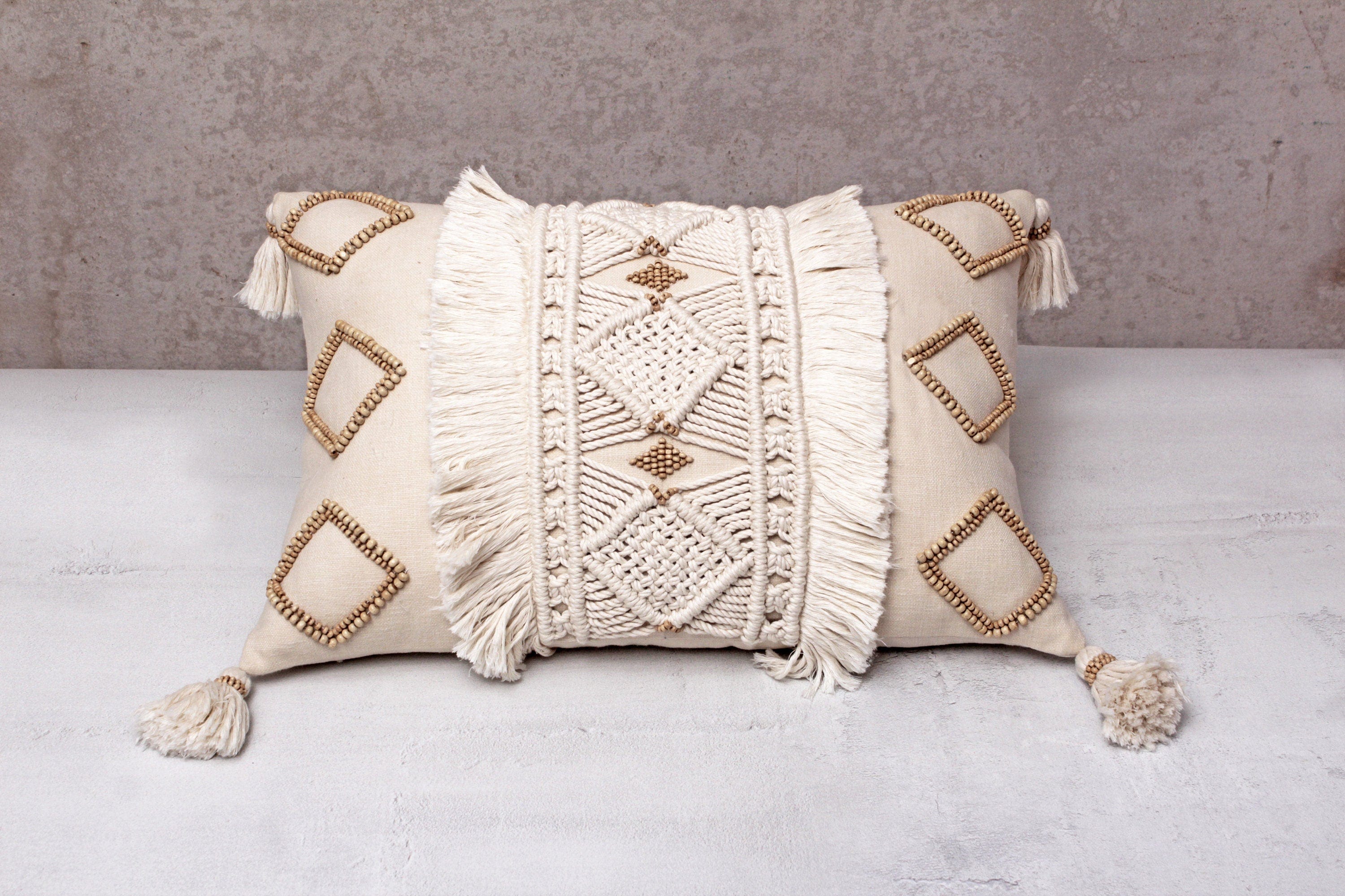 Luxurious Boho Cotton Macrame Pillow Cover with Wooden Beads and Tassels, 12x20 Inch, Off-White