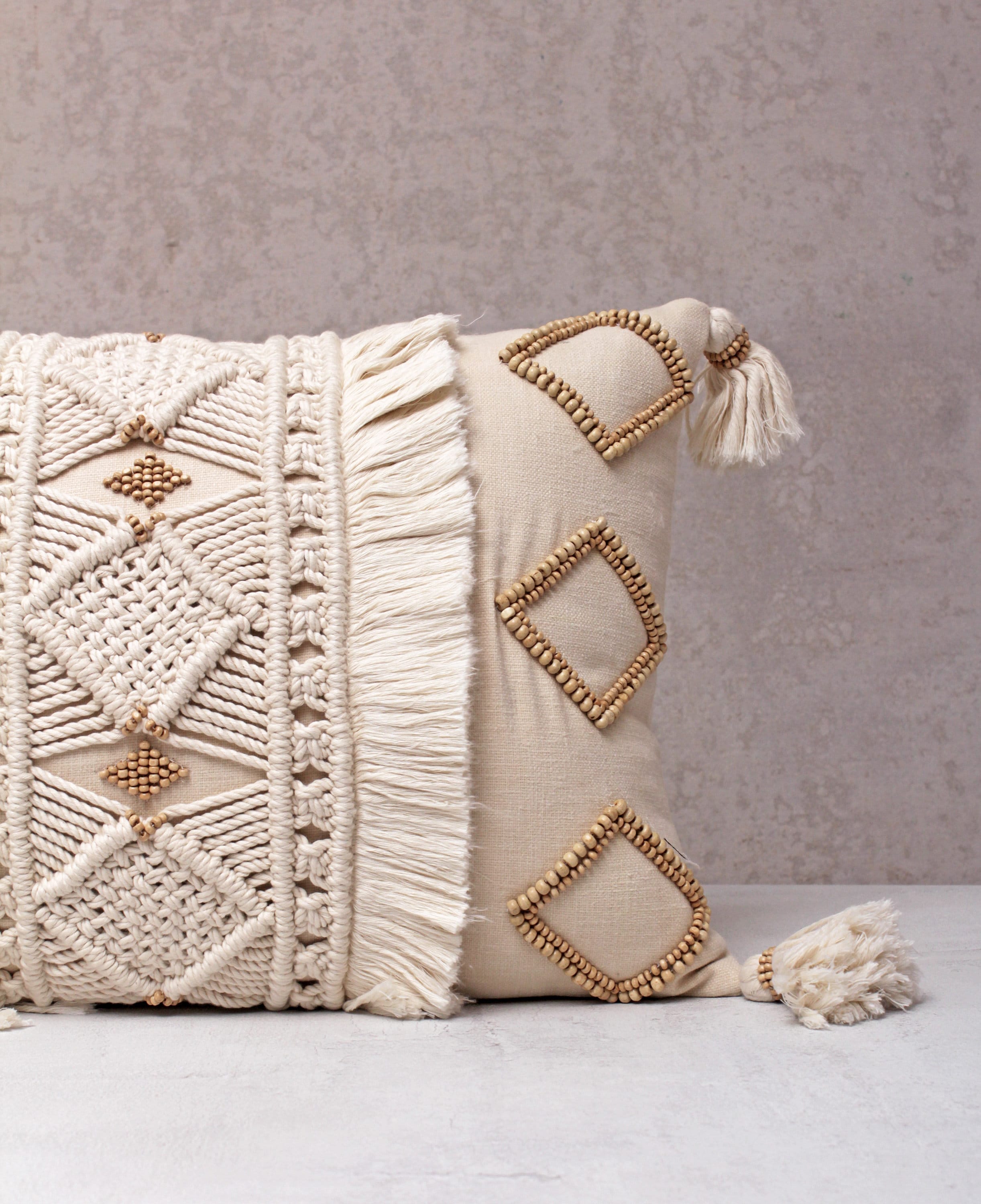 Luxurious Boho Cotton Macrame Pillow Cover with Wooden Beads and Tassels, 12x20 Inch, Off-White