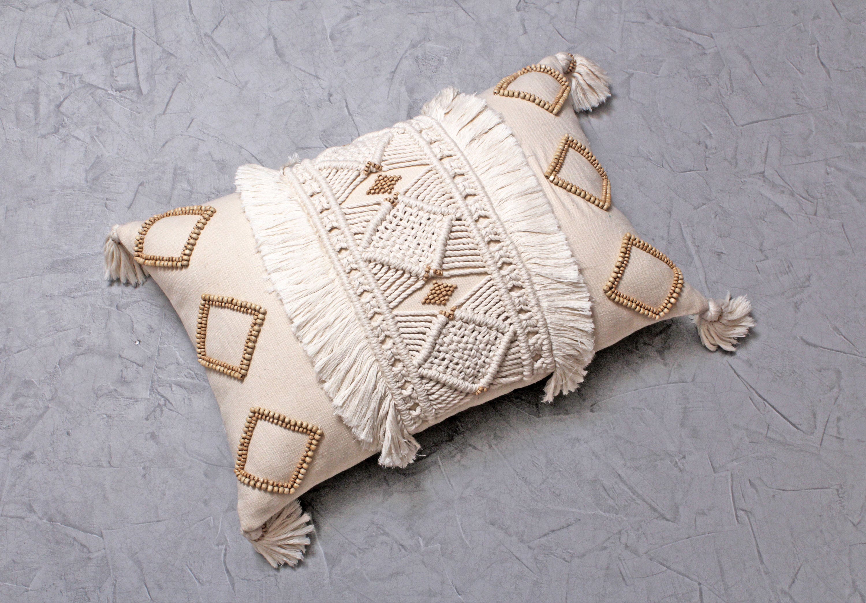 Luxurious Boho Cotton Macrame Pillow Cover with Wooden Beads and Tassels, 12x20 Inch, Off-White