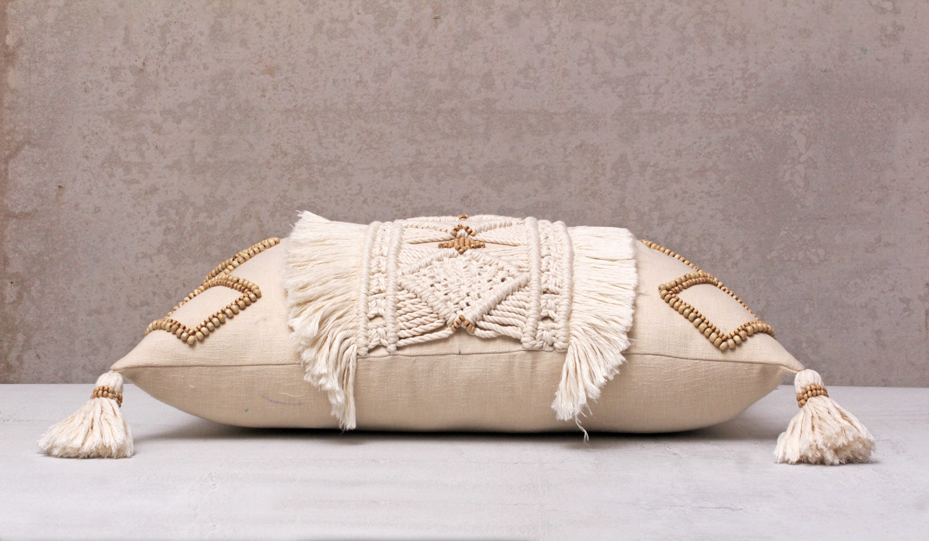 Luxurious Boho Cotton Macrame Pillow Cover with Wooden Beads and Tassels, 12x20 Inch, Off-White