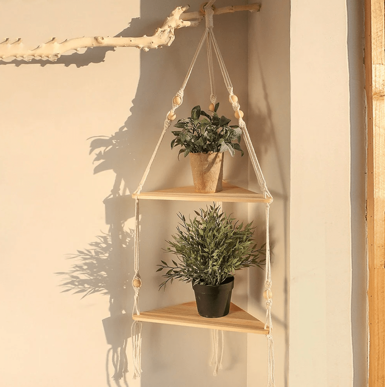 Macrame Corner Shelf: Handcrafted Hanging Storage for Home & Office Decor