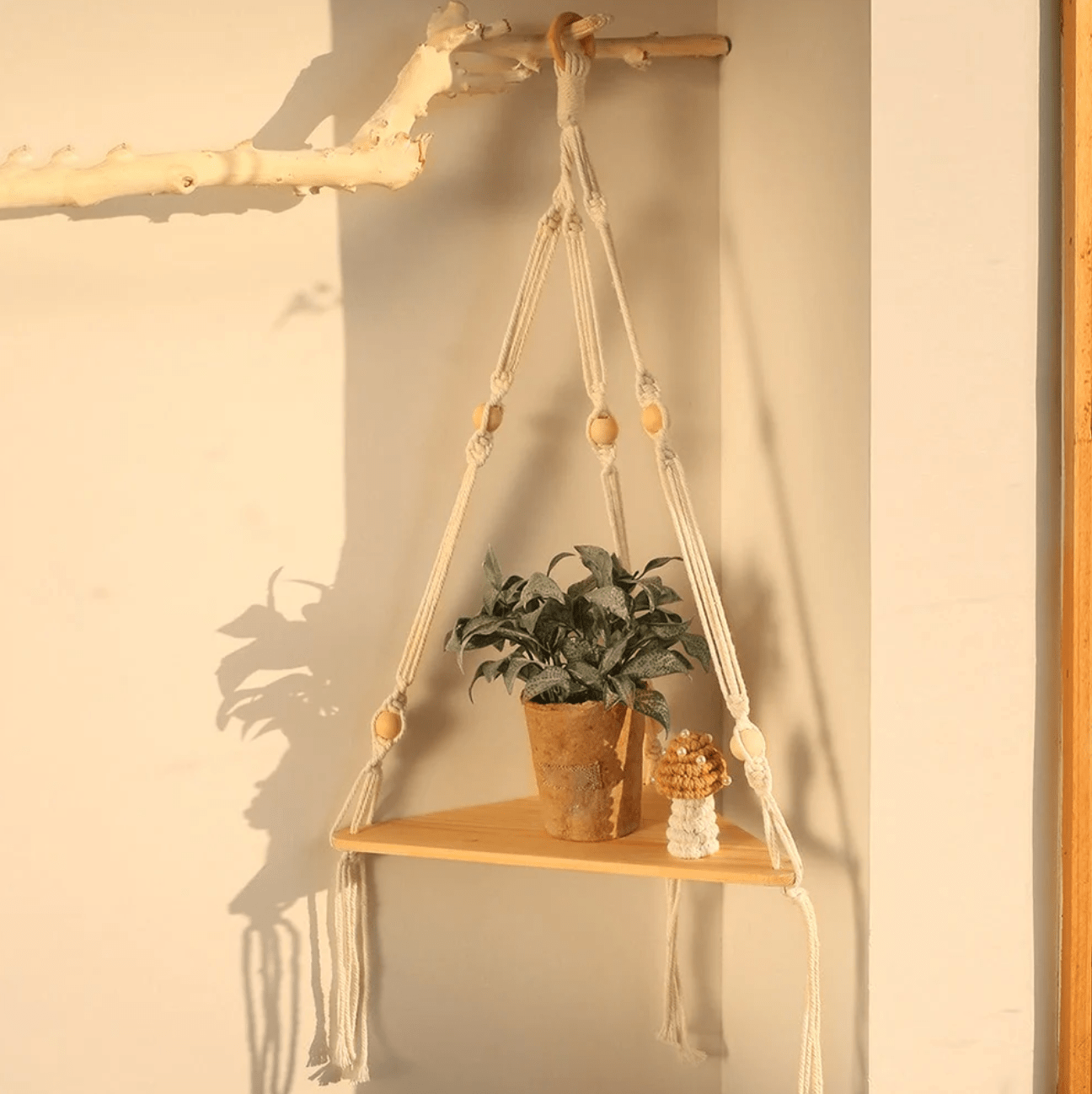 Macrame Corner Shelf: Handcrafted Hanging Storage for Home & Office Decor