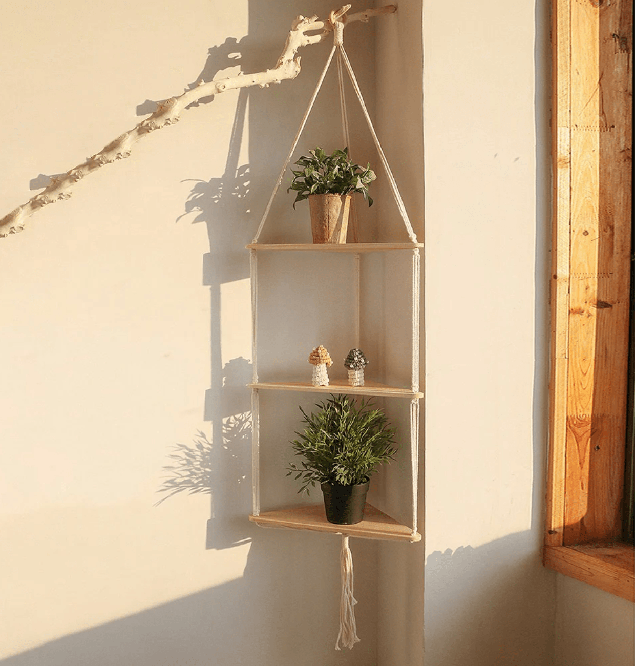 Macrame Corner Shelf: Handcrafted Hanging Storage for Home & Office Decor