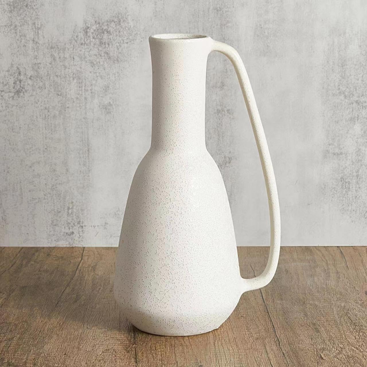 Matte White Ceramic Vase with Handle – 12-Inch Rustic Stoneware Pottery for Modern and Farmhouse Decor