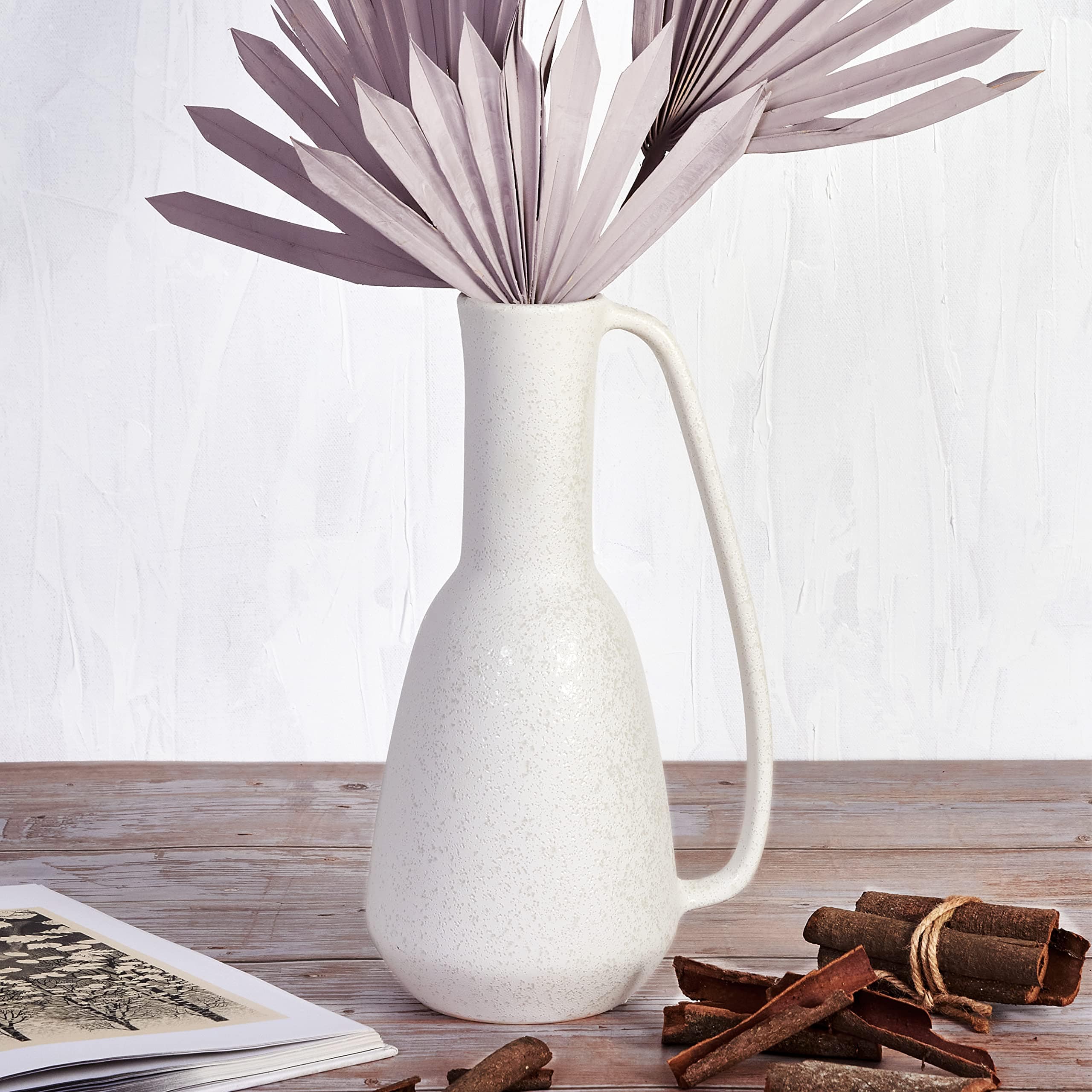 Matte White Ceramic Vase with Handle – 12-Inch Rustic Stoneware Pottery for Modern and Farmhouse Decor