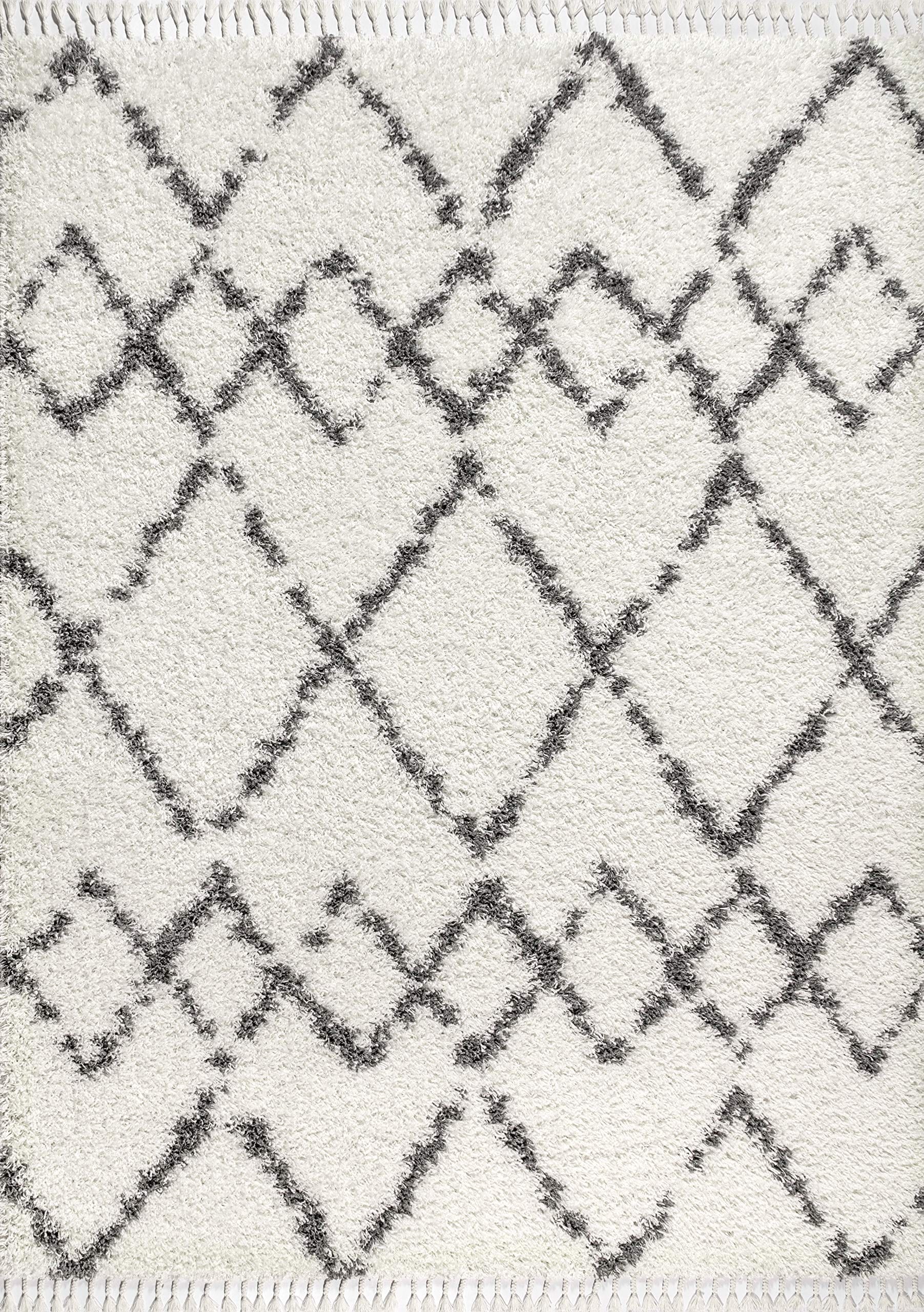 Mercer Shag Plush Tassel Moroccan Tribal Trellis Geometric Indoor Area-Rug Bohemian Contemporary Easy-Cleaning Bedroom Kitchen Living Room, 8 X 10, Cream/Grey Rectangular