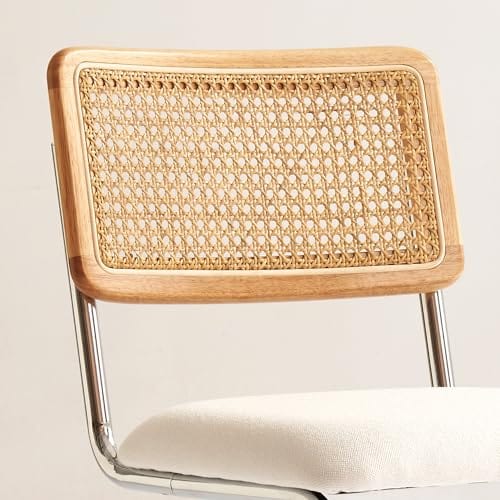 Modern 29" Bar Height Stools – Set of 2, Natural Rattan Cane and Solid Wood Backs, Boucle Fabric Upholstery, Chrome Metal Legs