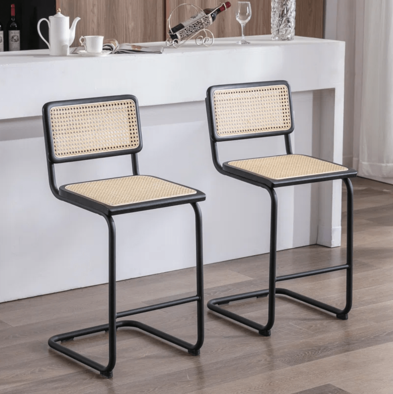 Modern 29" Bar Height Stools – Set of 2, Natural Rattan Cane and Solid Wood Backs, Boucle Fabric Upholstery, Chrome Metal Legs Black